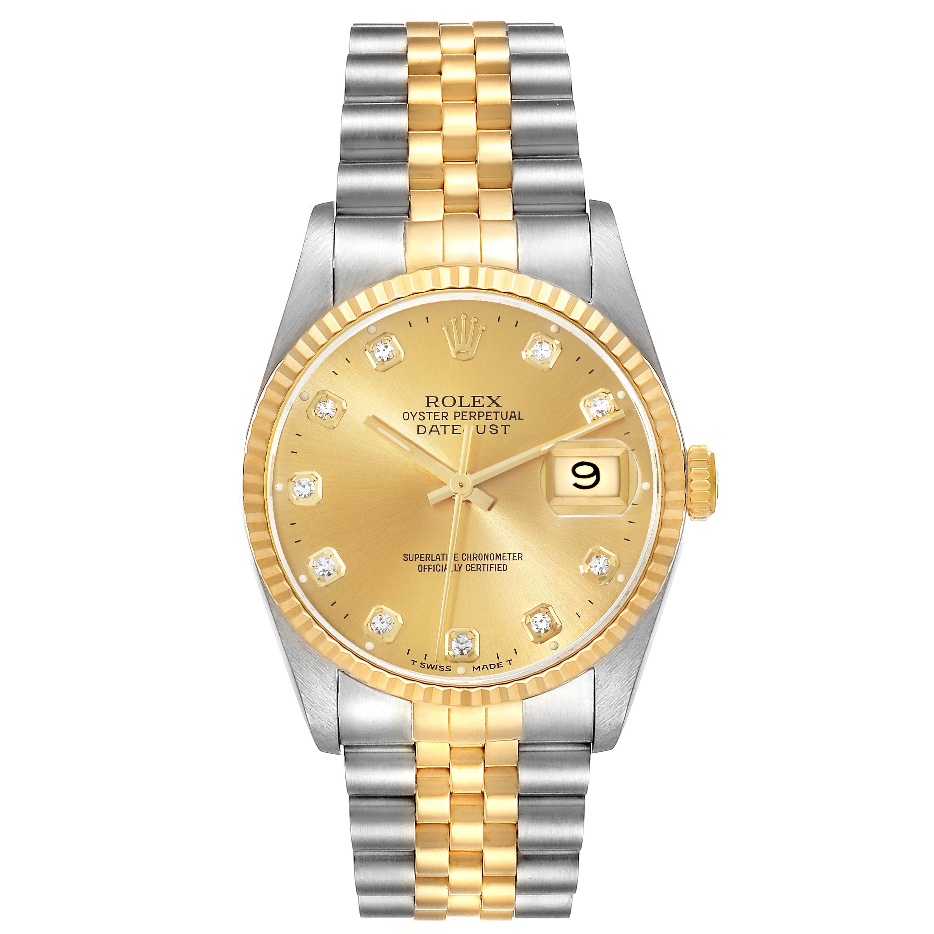 The Rolex Datejust 16233 Men's Steel and Gold (two tone) Champagne Dial 16233 Men's Steel and Gold (two tone) Champagne Dial watch is shown from a front angle, showcasing its face, bezel, and two-tone bracelet.