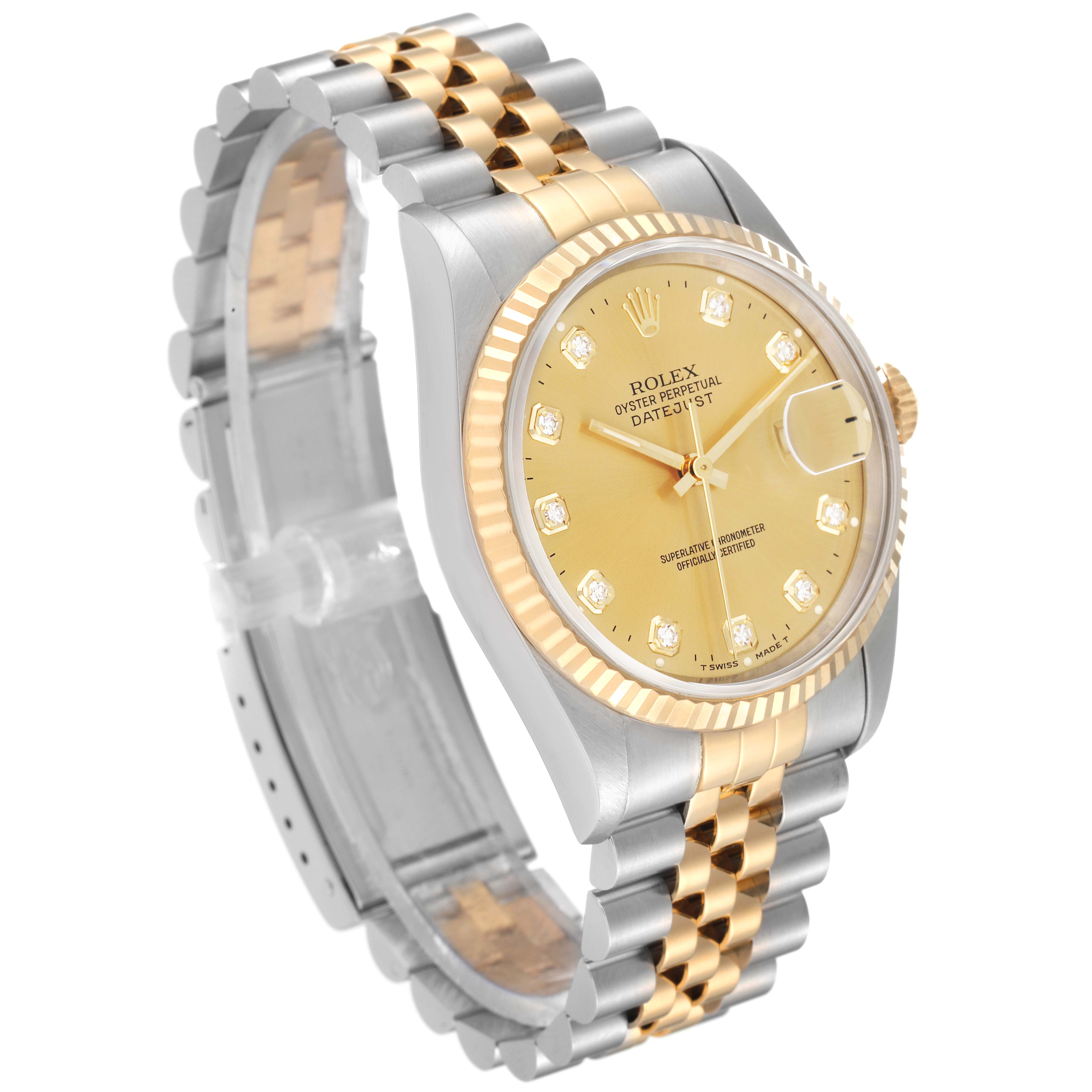 The Rolex Datejust 16233 Men's Steel and Gold (two tone) Champagne Dial 16233 Men's Steel and Gold (two tone) Champagne Dial watch is shown at an angled view, displaying the bracelet, case, dial, and crown.