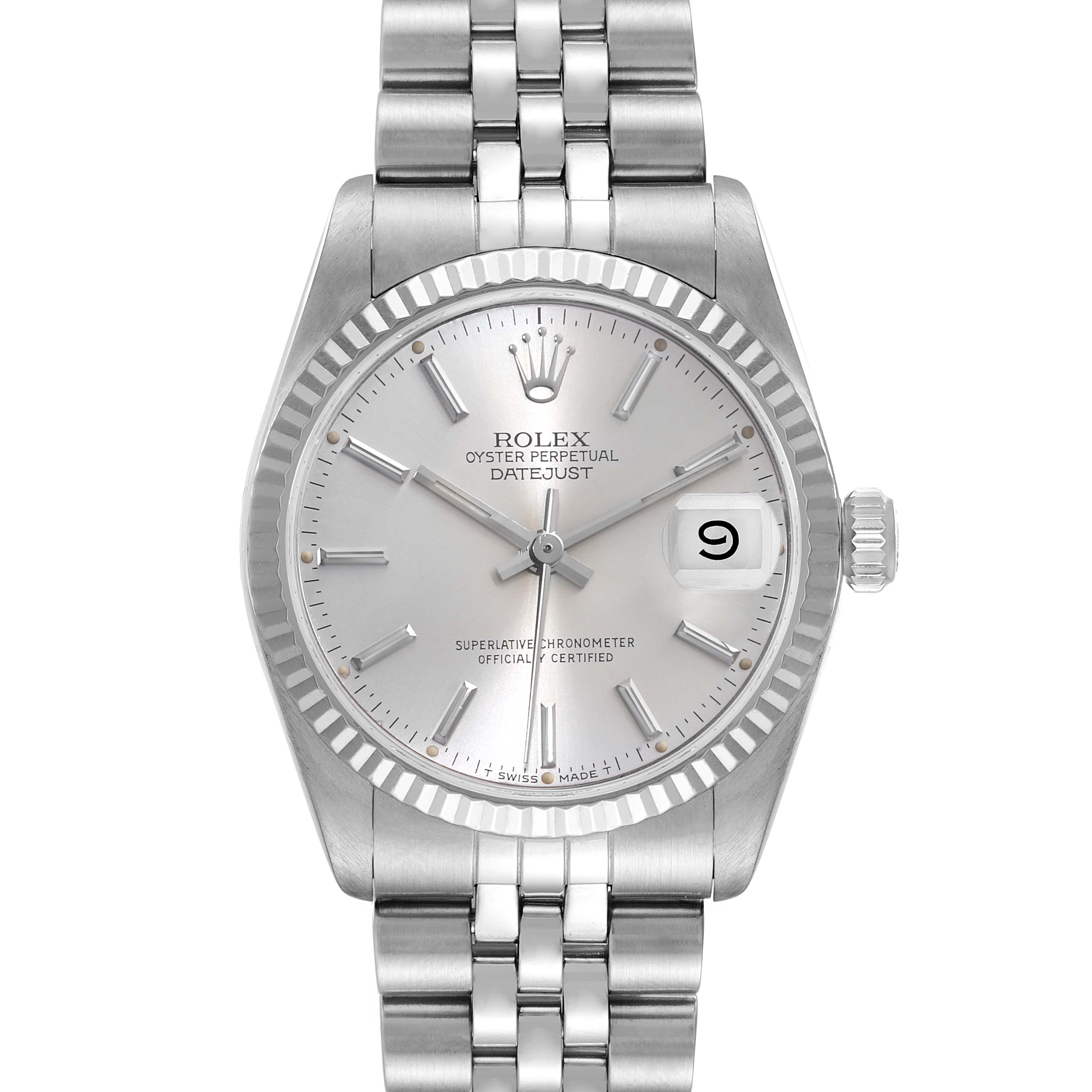 The image shows a front view of a Rolex Datejust Mid-Size model, including the dial, hands, bezel, and bracelet.