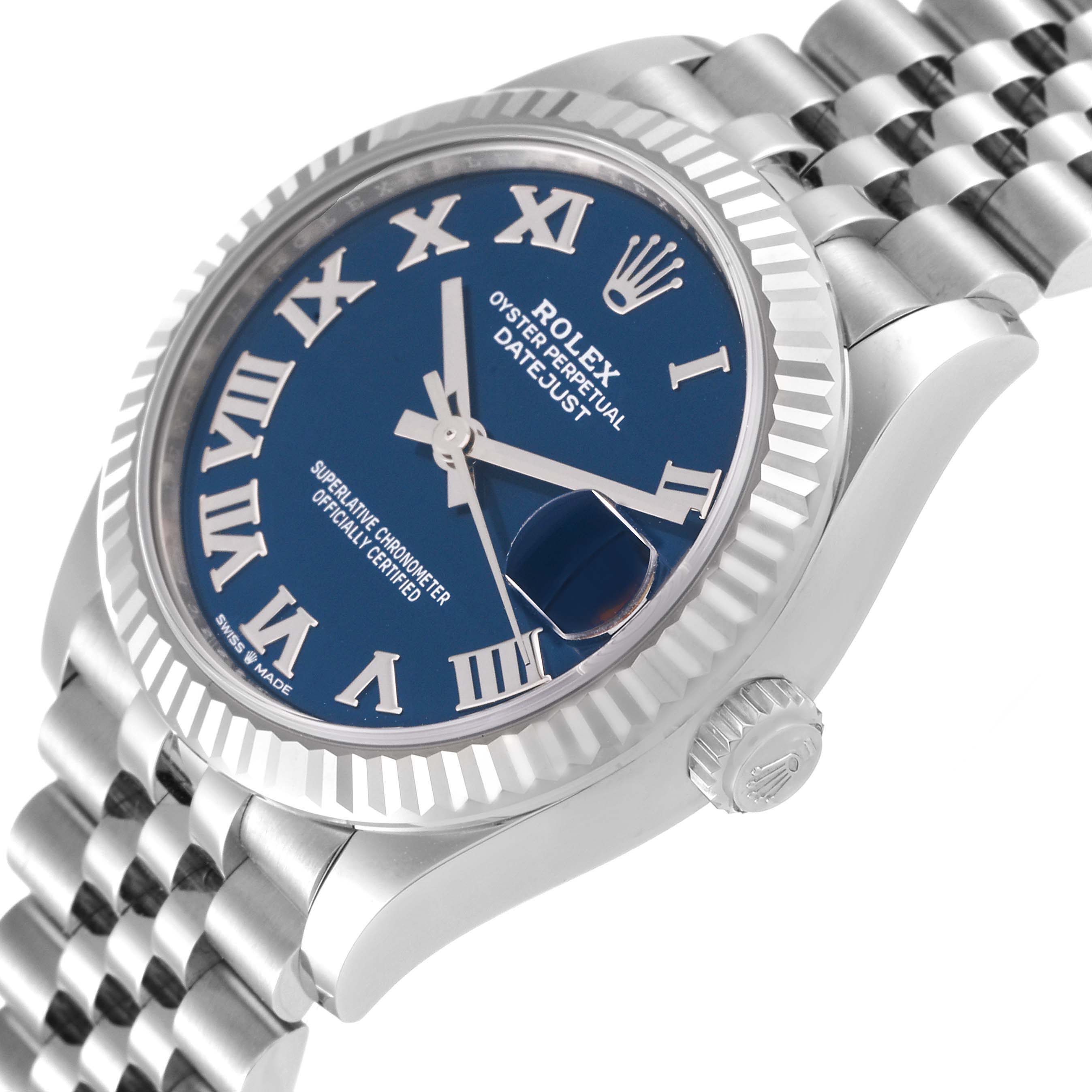 The image shows an angled view of a Rolex Oyster Perpetual Datejust Mid-Size watch, highlighting the crown, bezel, dial, and part of the bracelet.