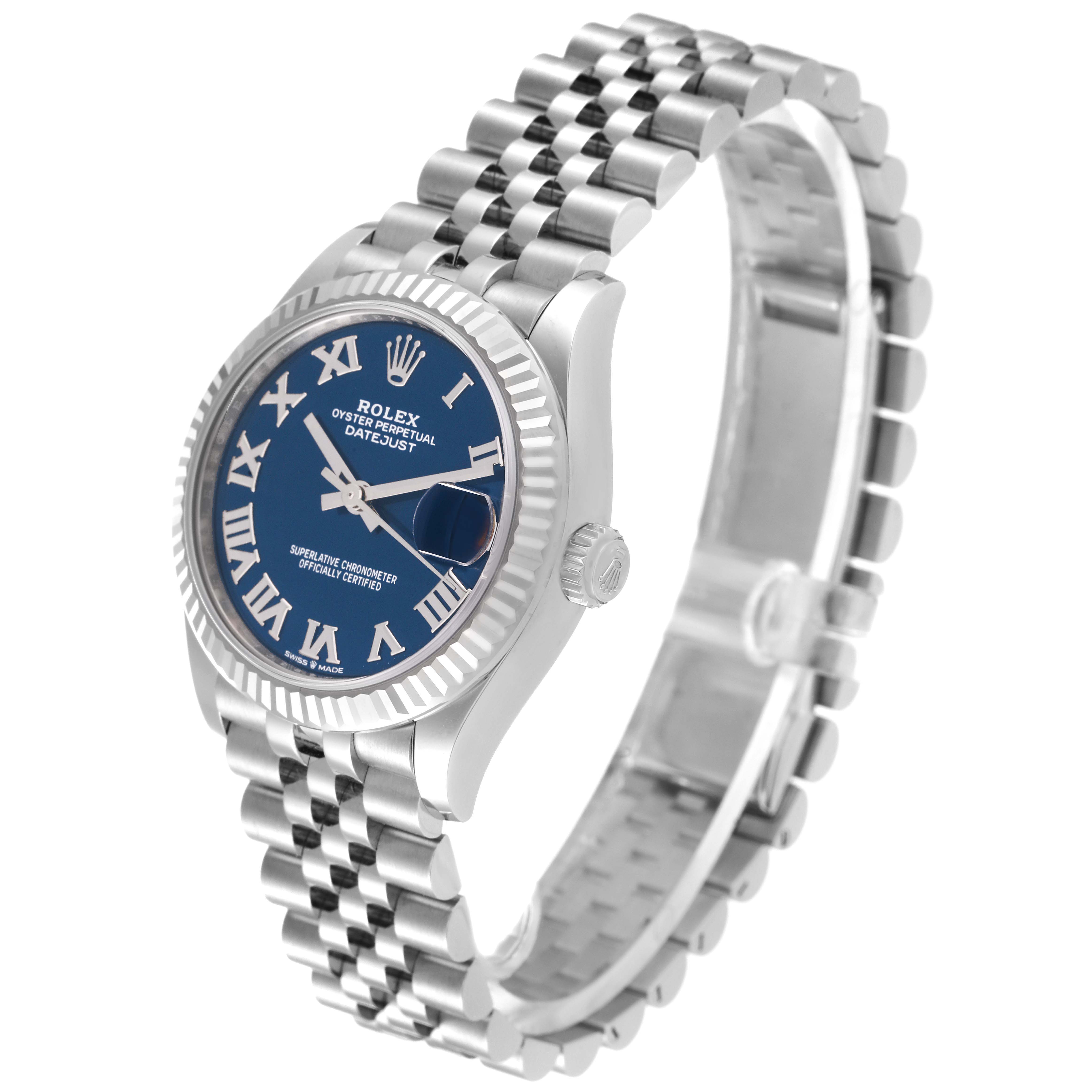 The image shows a Rolex Oyster Perpetual Datejust Mid-Size watch at an angled side view displaying the face, bezel, and bracelet.