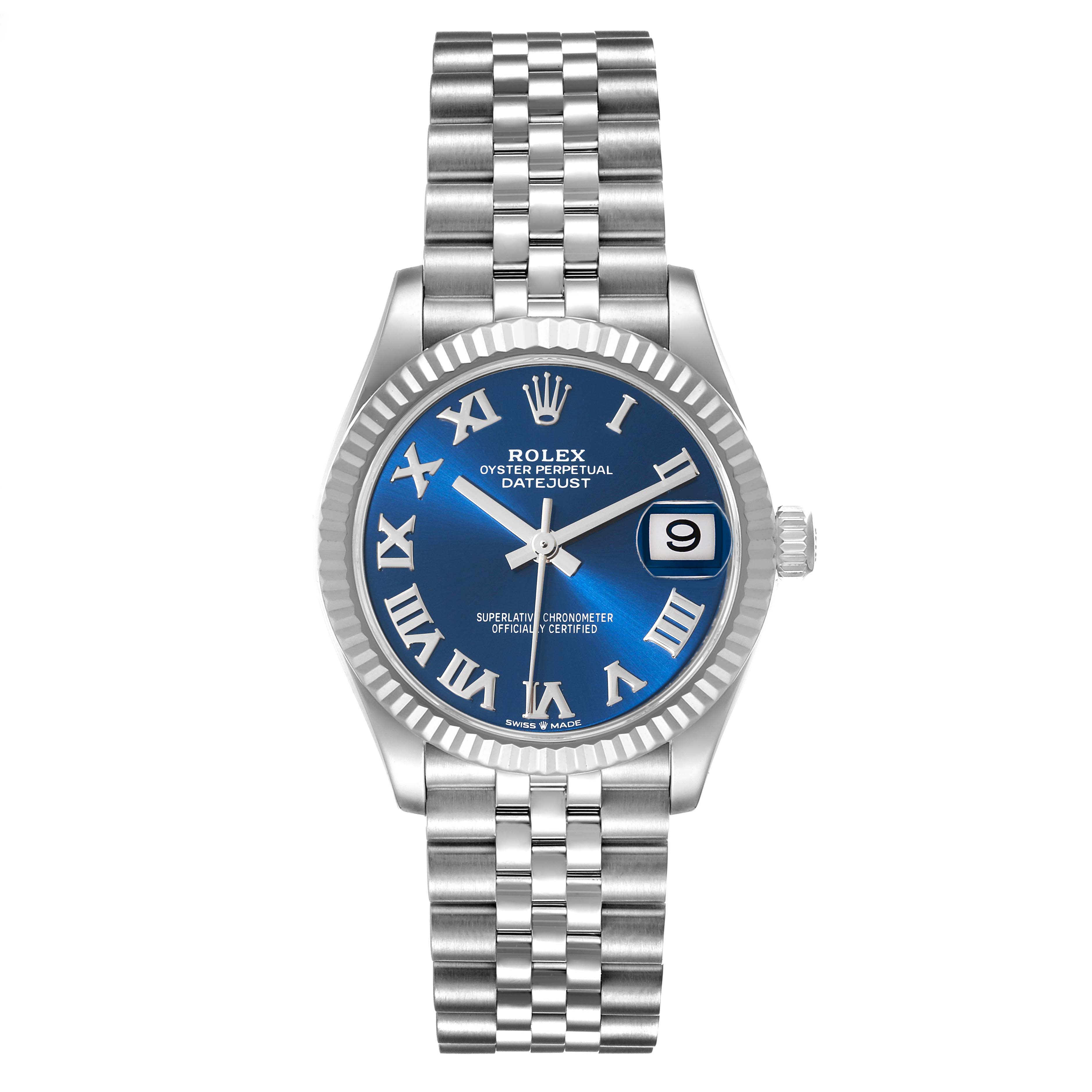 The image shows a front view of a Rolex Oyster Perpetual Datejust Mid-Size watch with a blue dial and Roman numerals.