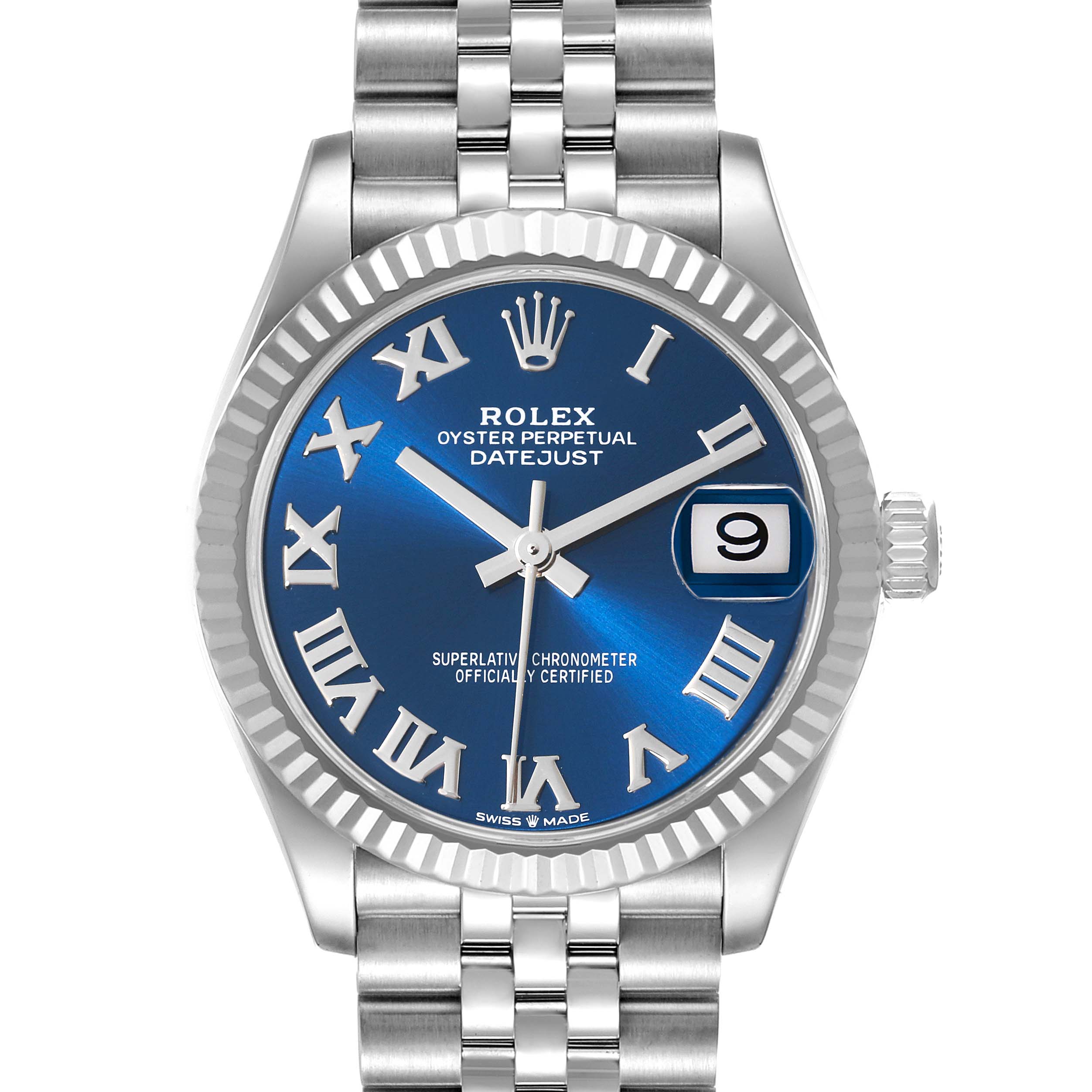 This image shows a front view of the Rolex Mid-Size 278274 Women
s Stainless Steel Blue Dial 278274 Women
s Stainless Steel Blue Dial Datejust watch, featuring a blue dial, Roman numerals, and a date window.
