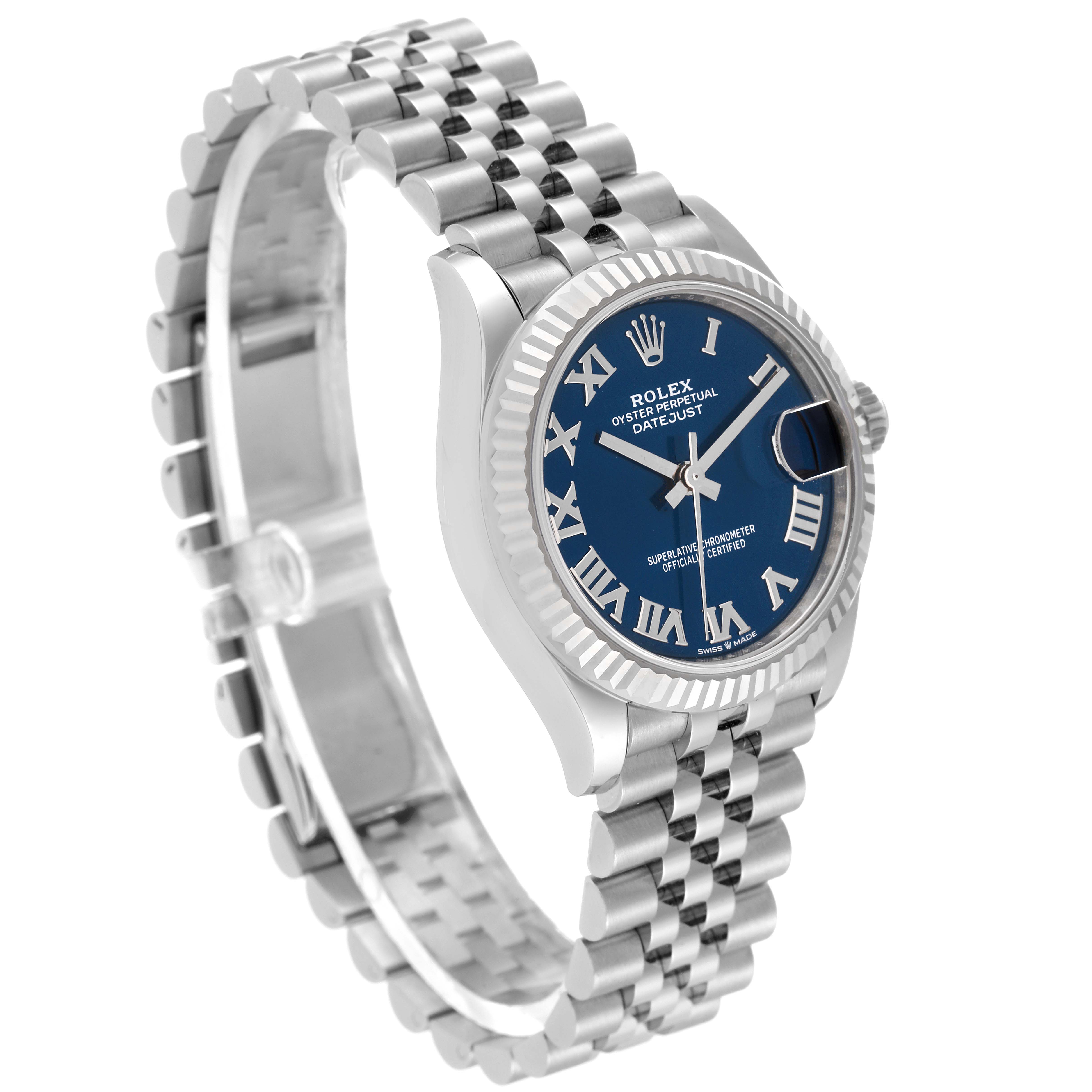 The Rolex Mid-Size 278274 Women
s Stainless Steel Blue Dial 278274 Women
s Stainless Steel Blue Dial watch is shown at an angled view, highlighting its blue dial, fluted bezel, and Jubilee bracelet.