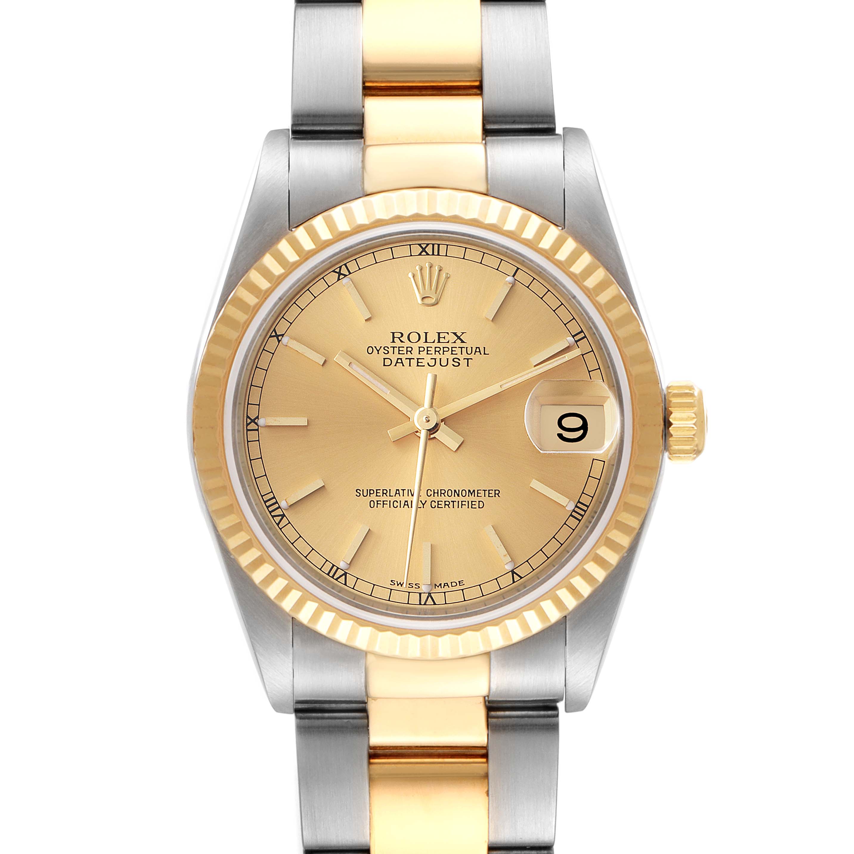 The image shows a front view of a Rolex Mid-Size 78273 Women's Steel and Gold (two tone) Champagne Dial 78273 Women's Steel and Gold (two tone) Champagne Dial Oyster Perpetual Datejust, featuring a gold bezel and dial, and a two-tone bracelet.