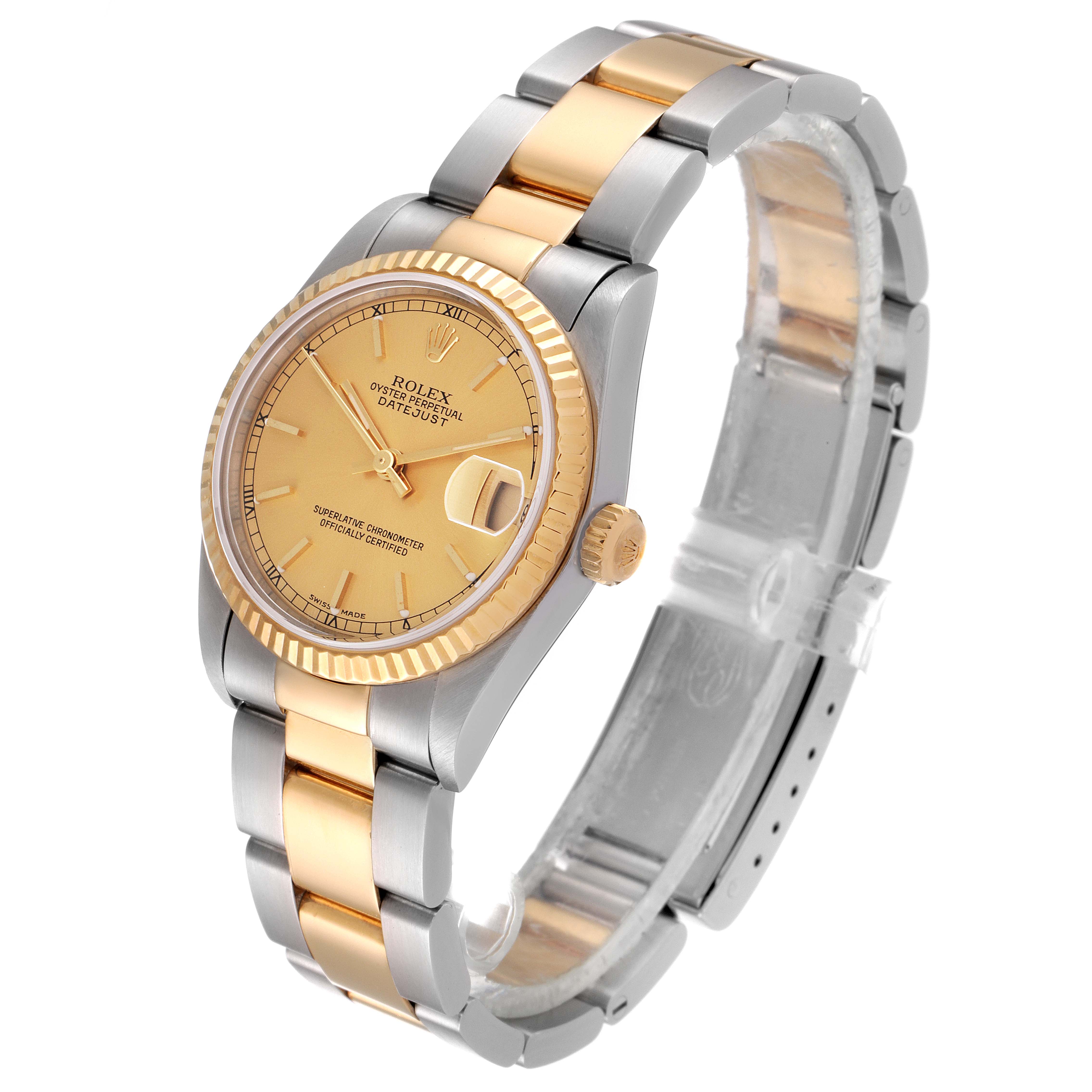 The image shows a Rolex Mid-Size 78273 Women's Steel and Gold (two tone) Champagne Dial 78273 Women's Steel and Gold (two tone) Champagne Dial Datejust watch at a slight angle, highlighting the face, bezel, bracelet, and clasp.