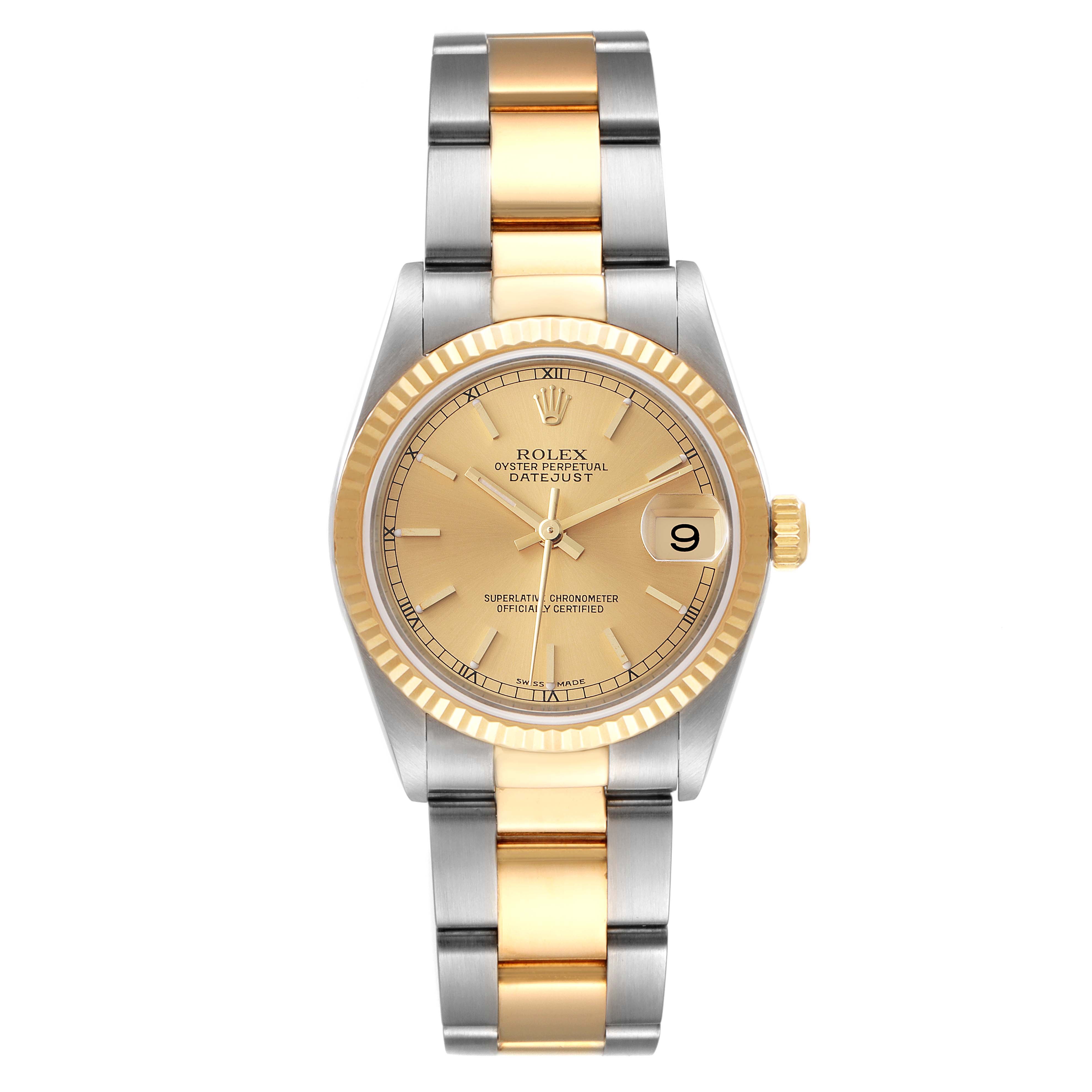 The Rolex Mid-Size 78273 Women's Steel and Gold (two tone) Champagne Dial 78273 Women's Steel and Gold (two tone) Champagne Dial Datejust watch is shown from the front, displaying the dial, bezel, and bracelet.
