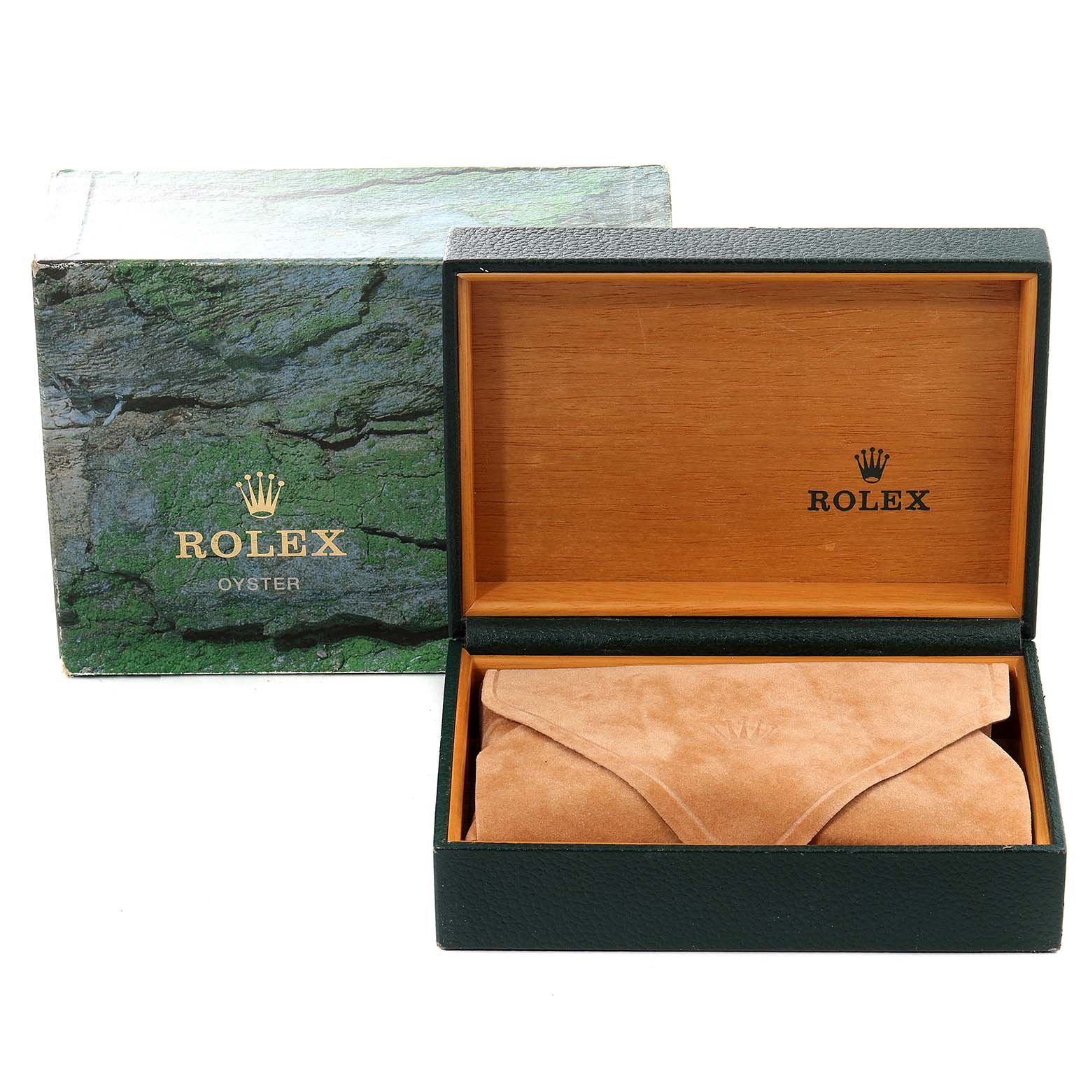 The image shows the packaging box and suede pouch for a Rolex Oyster Mid-Size watch, with the box open.