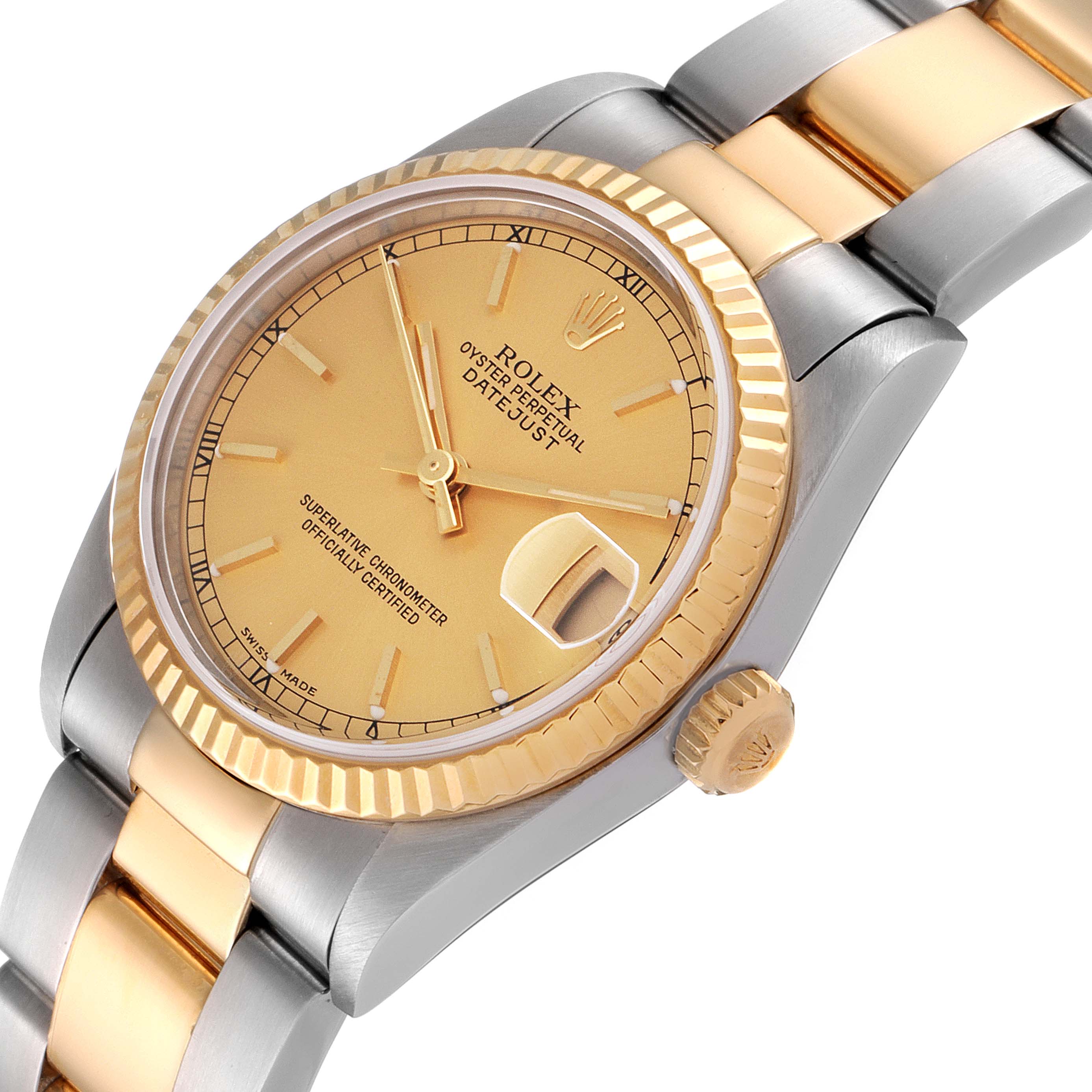 This image shows a close-up, angled view of the Rolex Mid-Size 78273 Women's Steel and Gold (two tone) Champagne Dial 78273 Women's Steel and Gold (two tone) Champagne Dial Oyster Perpetual Datejust with its gold and silver bracelet and dial.