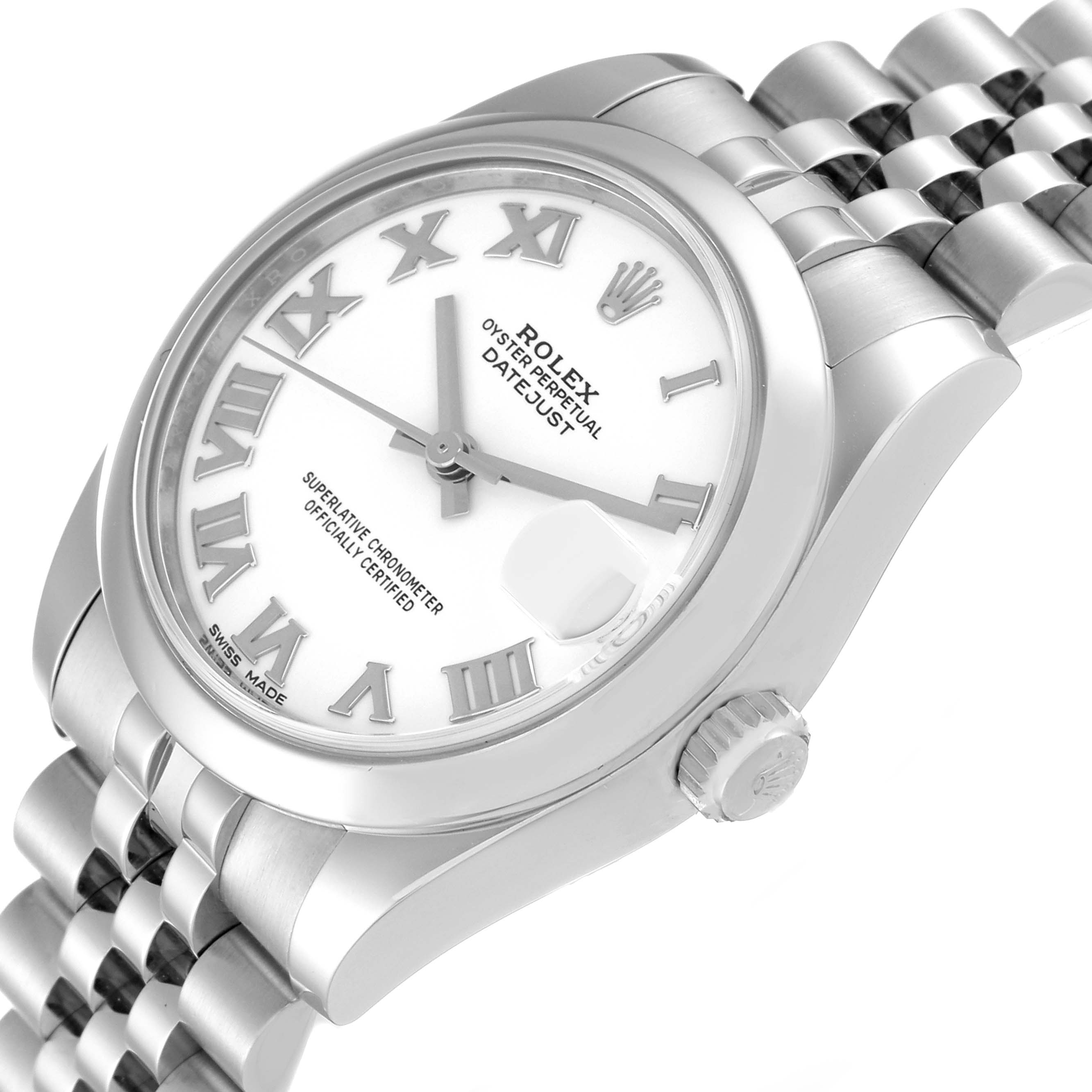 The image shows the face, bezel, and part of the bracelet of a Mid-Size Rolex Datejust watch, angled from the front and slightly to the side.