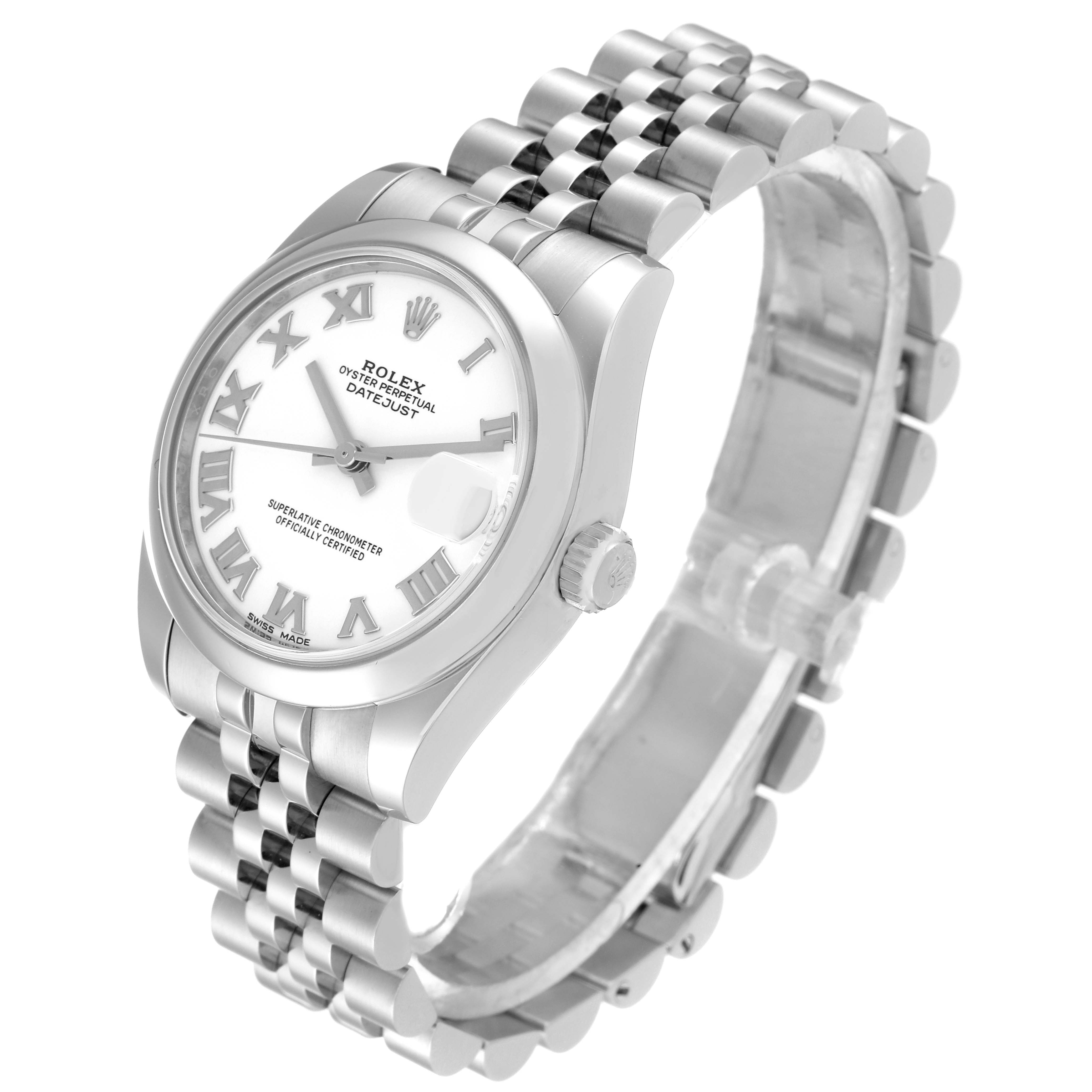 This image shows a Rolex Mid-Size 178240 Women's Stainless Steel White Dial 178240 Women's Stainless Steel White Dial Datejust watch at a three-quarter angle, highlighting the dial, bezel, crown, and Jubilee bracelet.