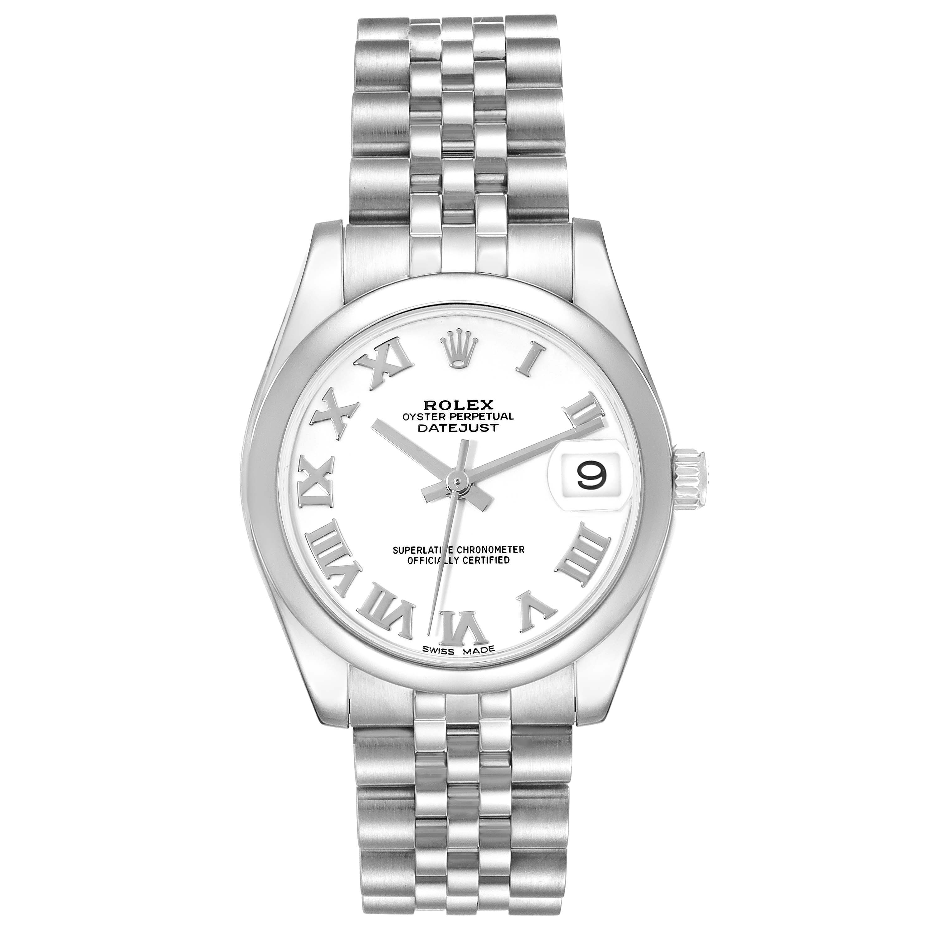 The image shows a front view of a Rolex Oyster Perpetual Datejust Mid-Size watch, highlighting the dial and bracelet.