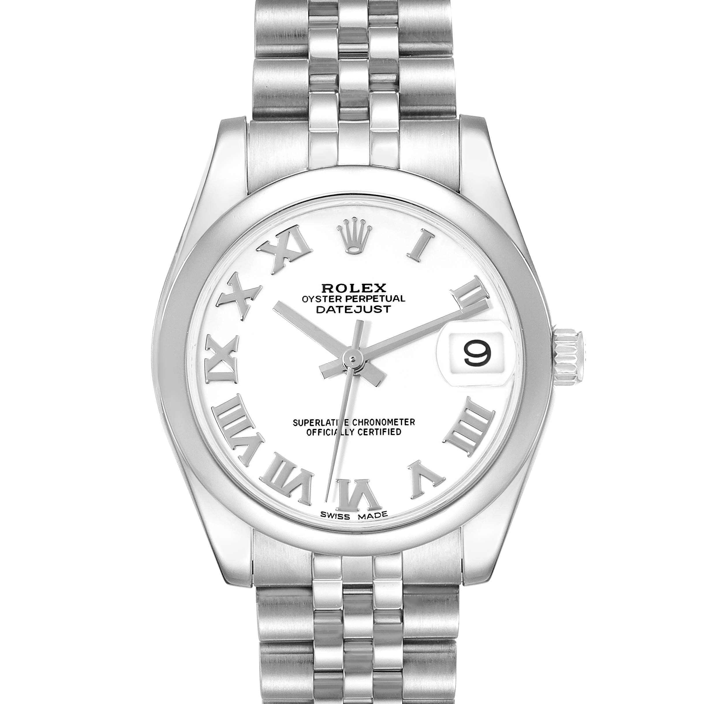 This image shows the Rolex Mid-Size 178240 Women's Stainless Steel White Dial 178240 Women's Stainless Steel White Dial Oyster Perpetual Datejust watch from a front angle, highlighting its dial, bracelet, and bezel.