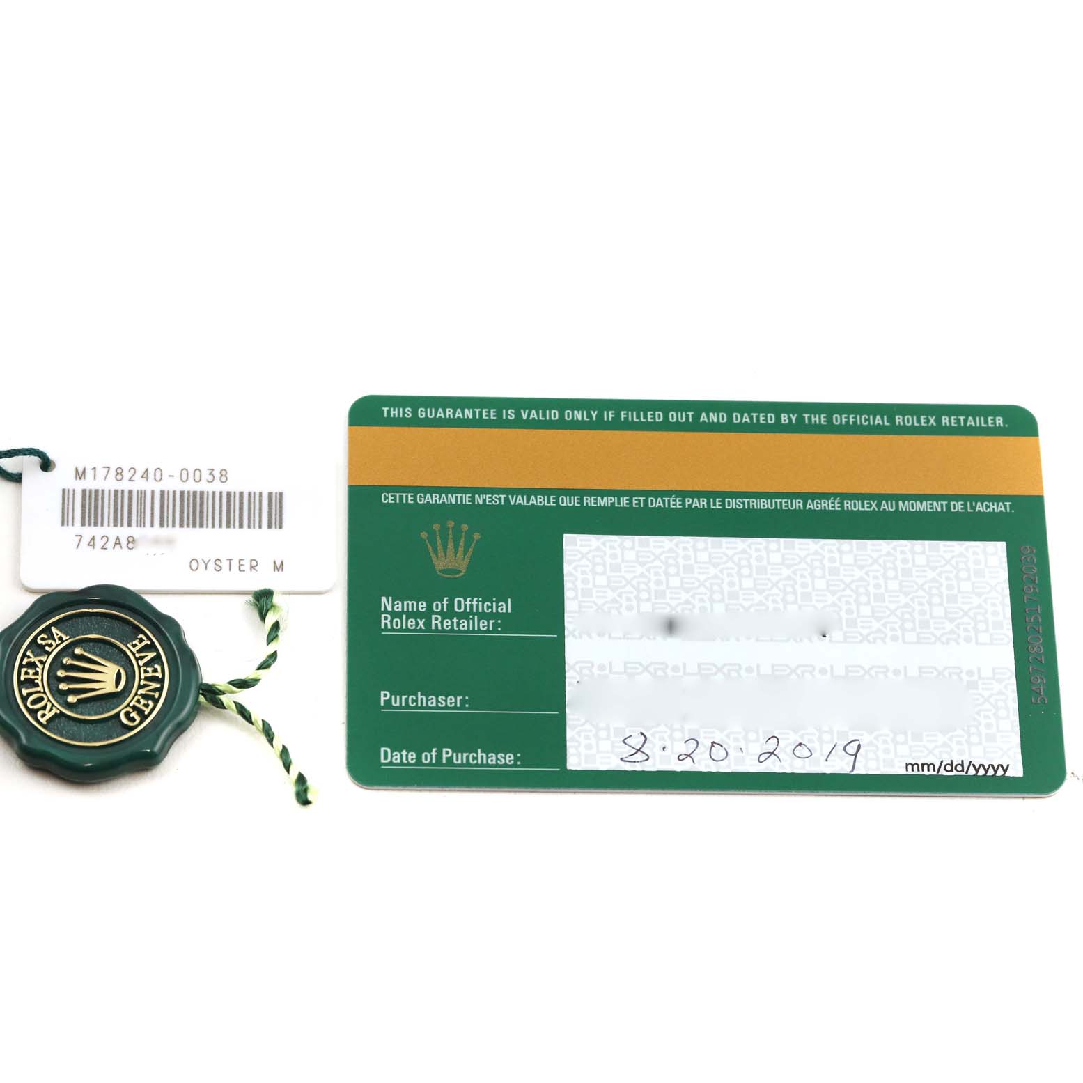 The image shows a warranty card, a green hang tag, and a white barcode tag for a Rolex Mid-Size 178240 Women's Stainless Steel White Dial 178240 Women's Stainless Steel White Dial model watch.