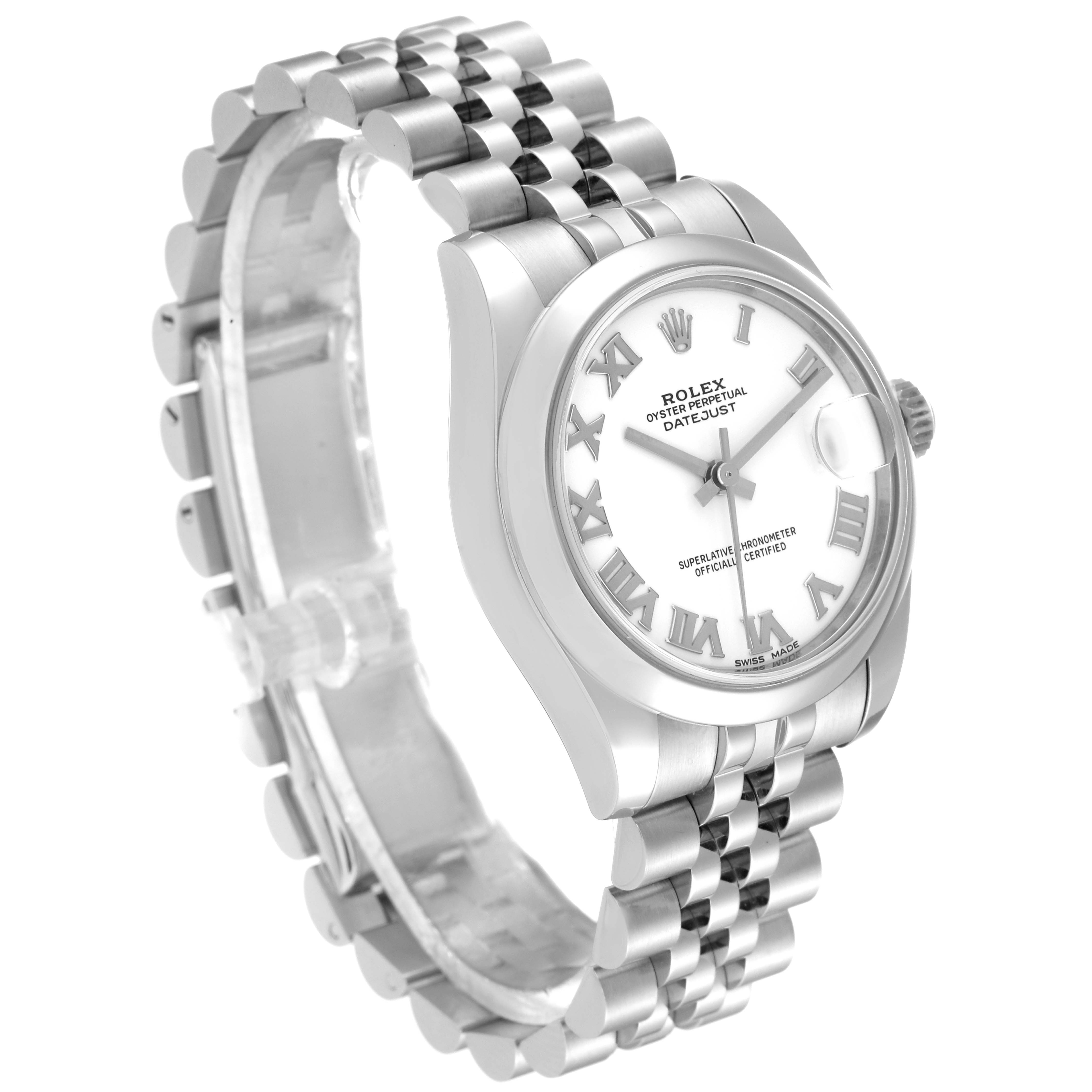 The image shows a Rolex Mid-Size 178240 Women's Stainless Steel White Dial 178240 Women's Stainless Steel White Dial Datejust watch at a three-quarter angle, highlighting the dial, bezel, and bracelet.