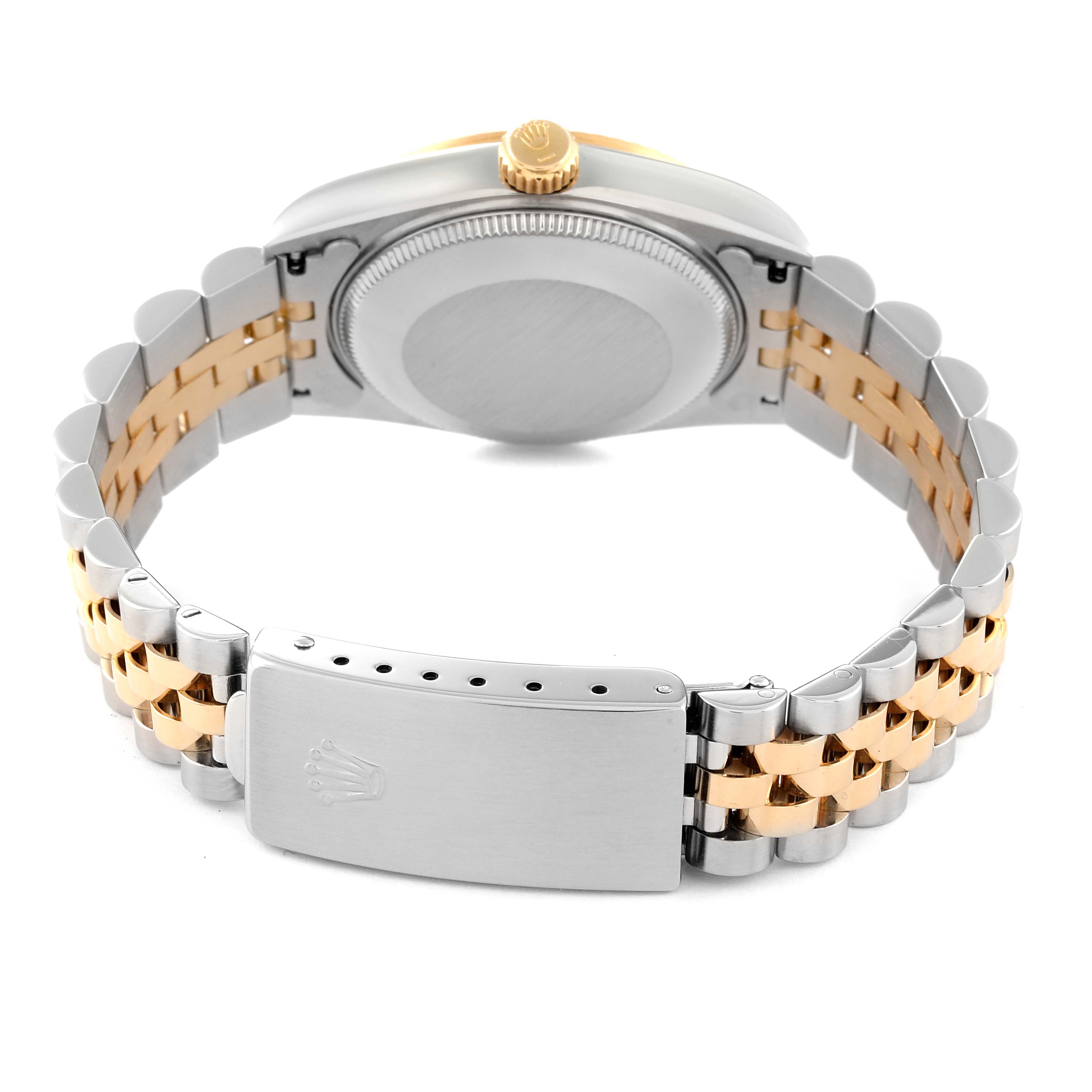 The image shows the back view of a Mid-Size Rolex watch, featuring the case back, crown, and bi-metal jubilee bracelet with clasp.