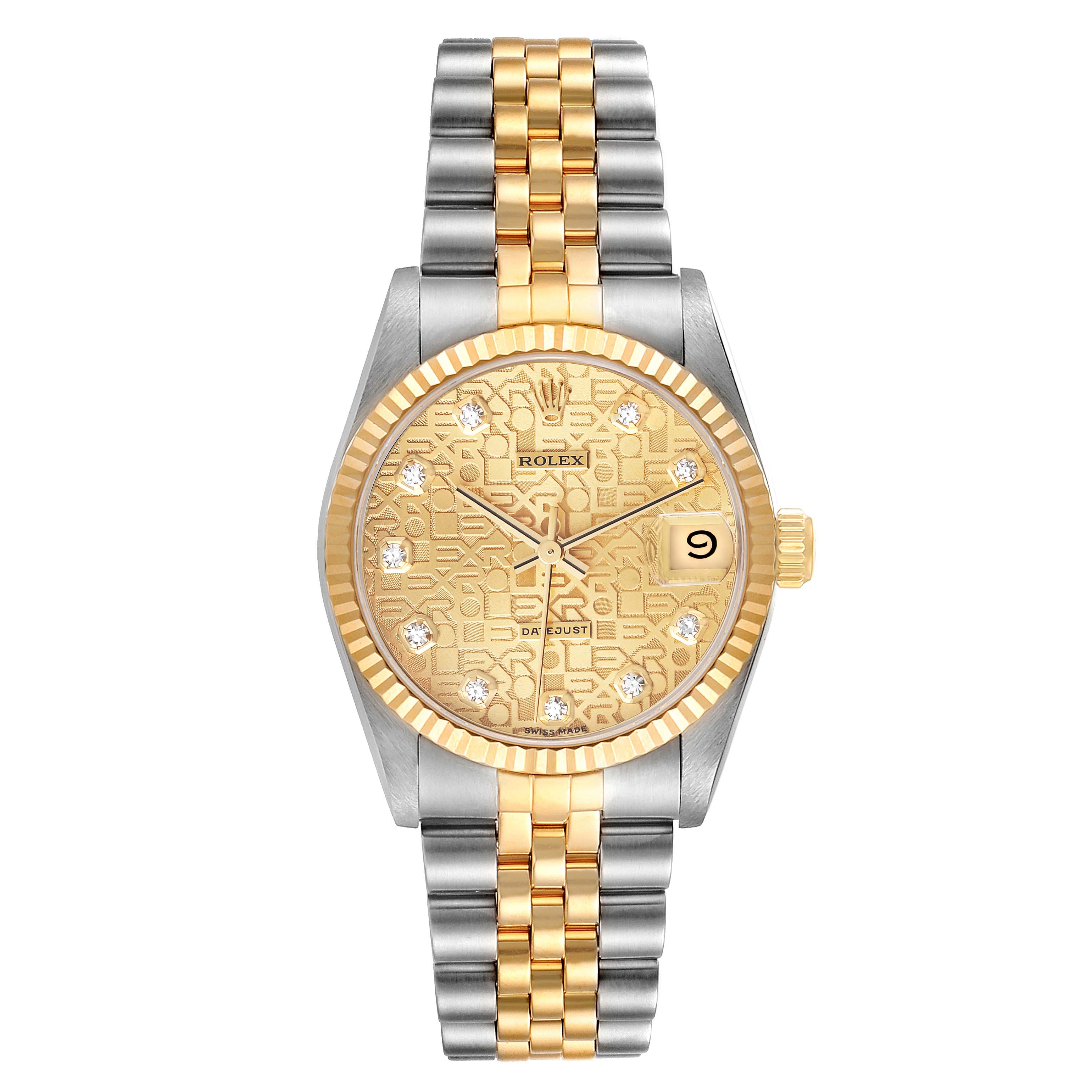 This Rolex Mid-Size 68273 Women
s Steel and Gold (two tone) Champagne Dial 68273 Women
s Steel and Gold (two tone) Champagne Dial model watch is shown from a front angle, displaying the face, bezel, and two-tone bracelet.