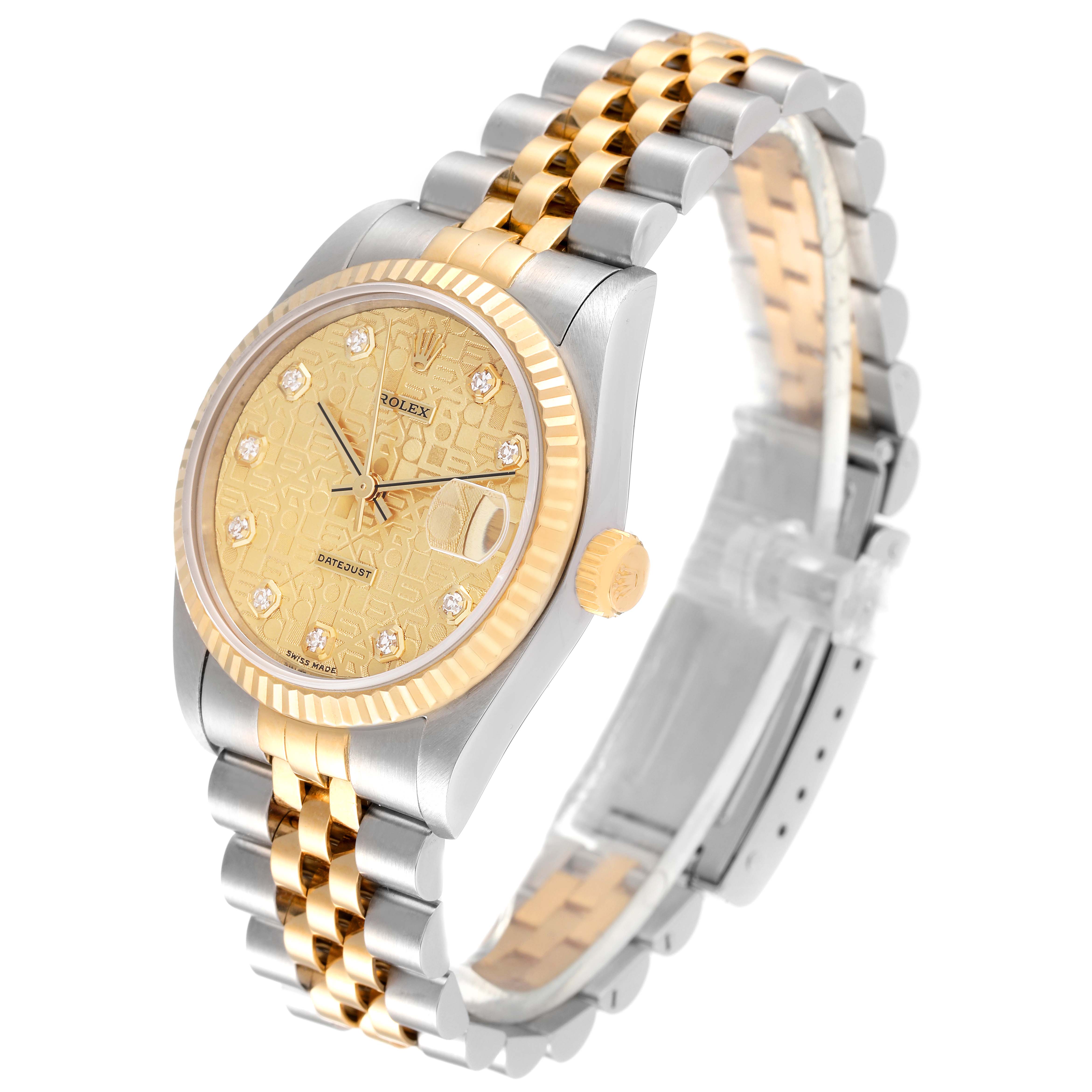 The image shows a Rolex Mid-Size 68273 Women
s Steel and Gold (two tone) Champagne Dial 68273 Women
s Steel and Gold (two tone) Champagne Dial model watch at an angled side view displaying the face, bezel, crown, and two-tone bracelet.