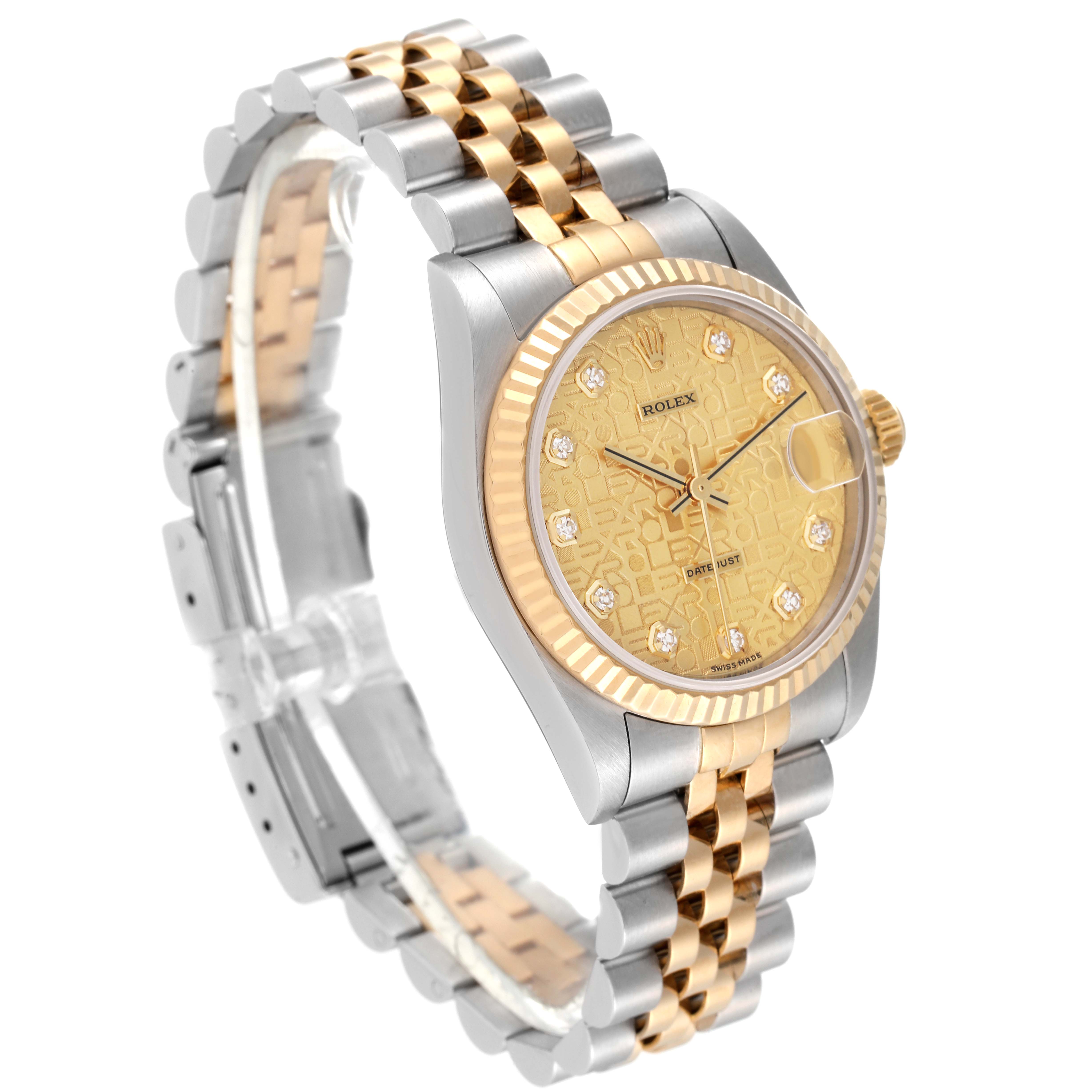 This image shows a Rolex Mid-Size 68273 Women
s Steel and Gold (two tone) Champagne Dial 68273 Women
s Steel and Gold (two tone) Champagne Dial model watch at a three-quarter angle, highlighting the gold dial, bezel, and two-tone bracelet.