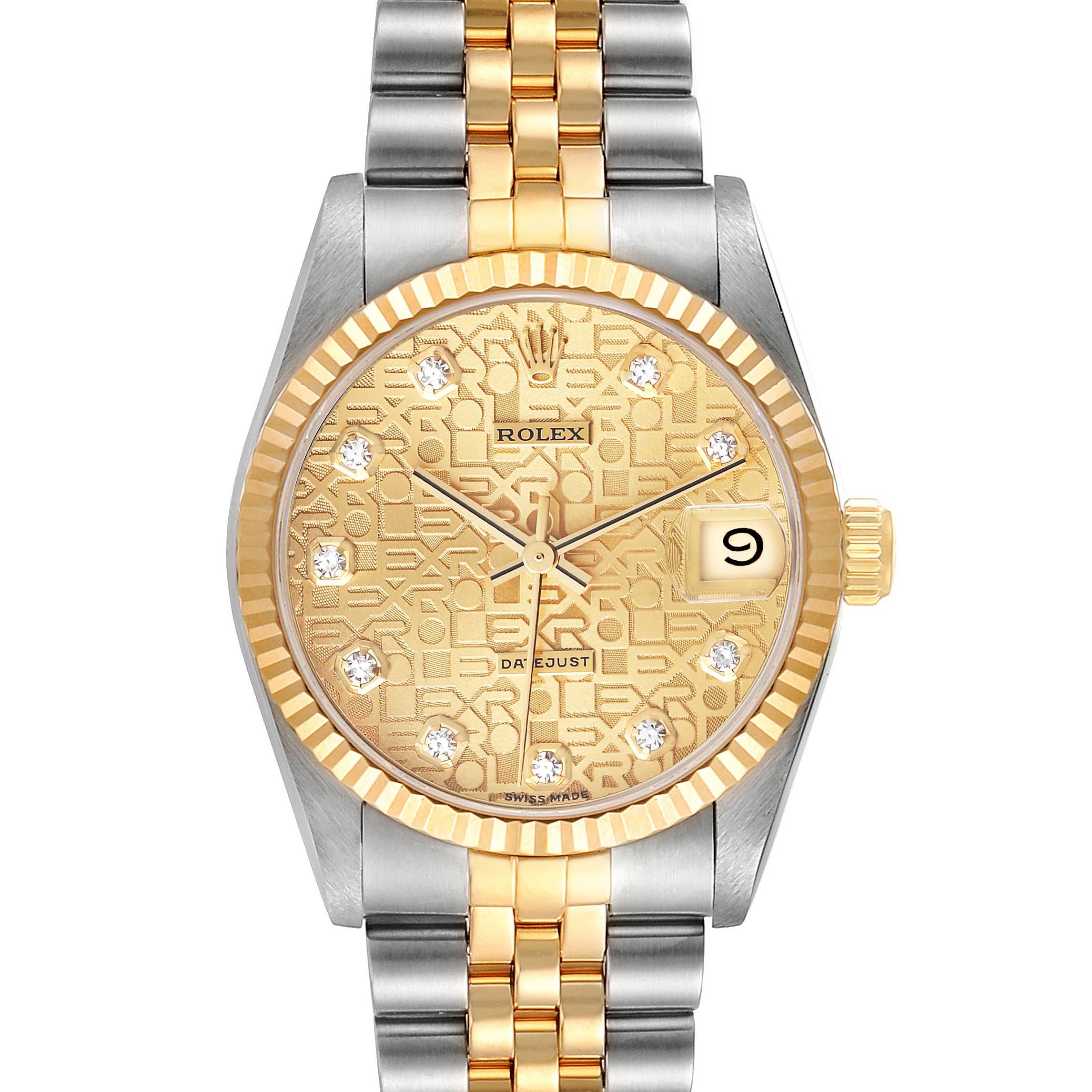 This is a Rolex Mid-Size 68273 Women
s Steel and Gold (two tone) Champagne Dial 68273 Women
s Steel and Gold (two tone) Champagne Dial watch shown from a front angle featuring a two-tone bracelet and a gold dial with diamond hour markers.