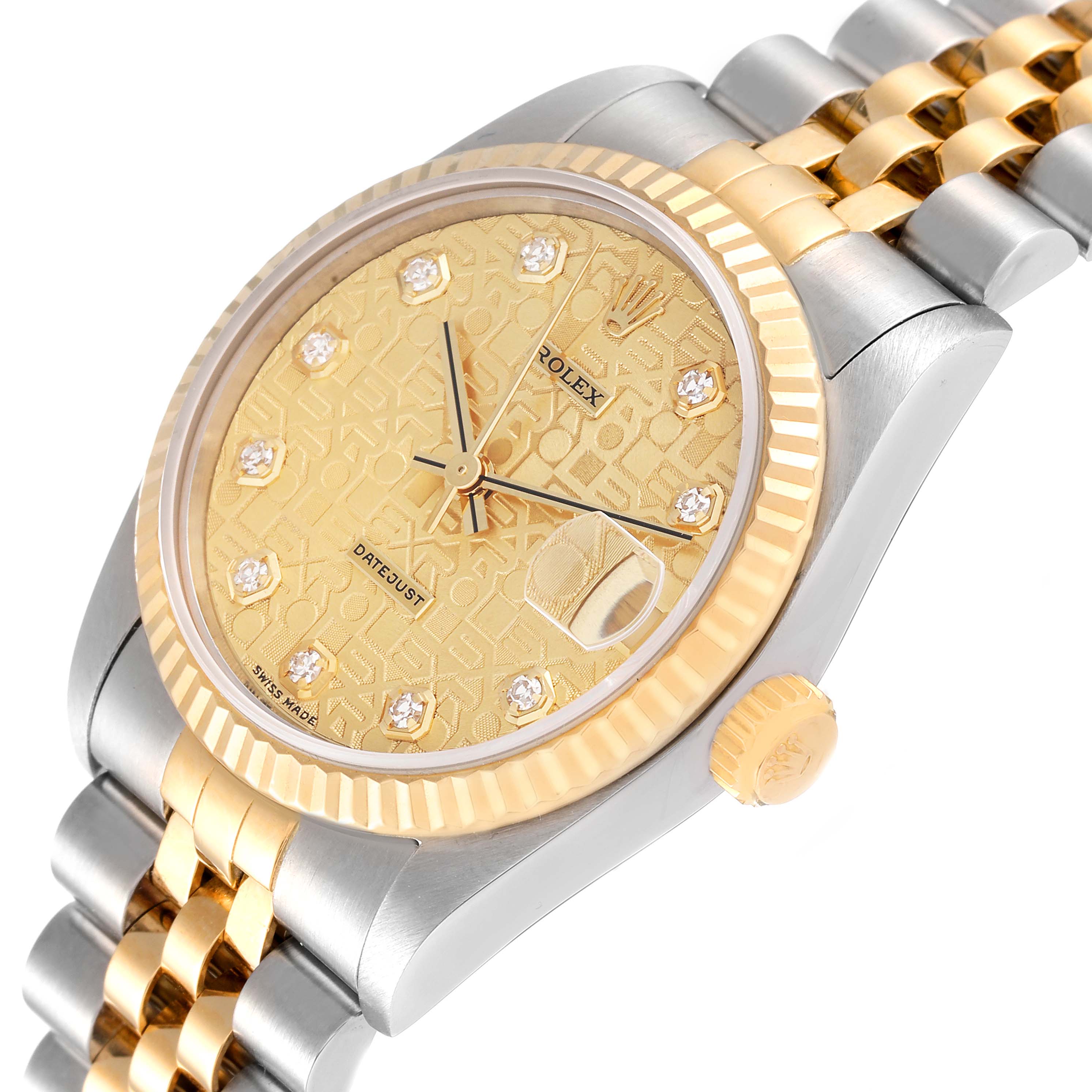 This angled view showcases the Rolex Mid-Size 68273 Women
s Steel and Gold (two tone) Champagne Dial 68273 Women
s Steel and Gold (two tone) Champagne Dial Datejust
s gold dial, bezel, crown, case, and two-tone jubilee bracelet.