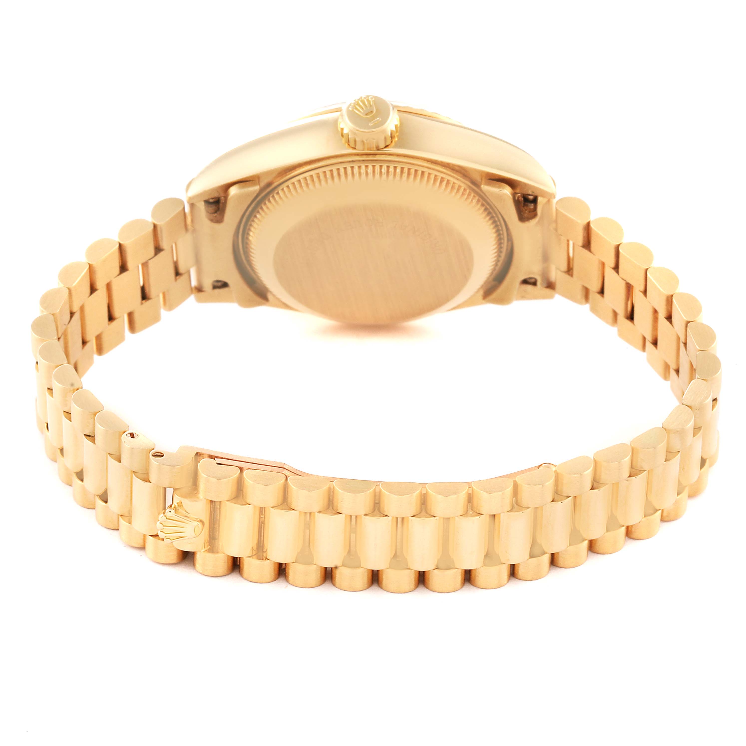 The image shows the back case and bracelet of a Rolex President 69178 Women
s Yellow Gold Champagne Dial 69178 Women
s Yellow Gold Champagne Dial model watch from a rear angle.