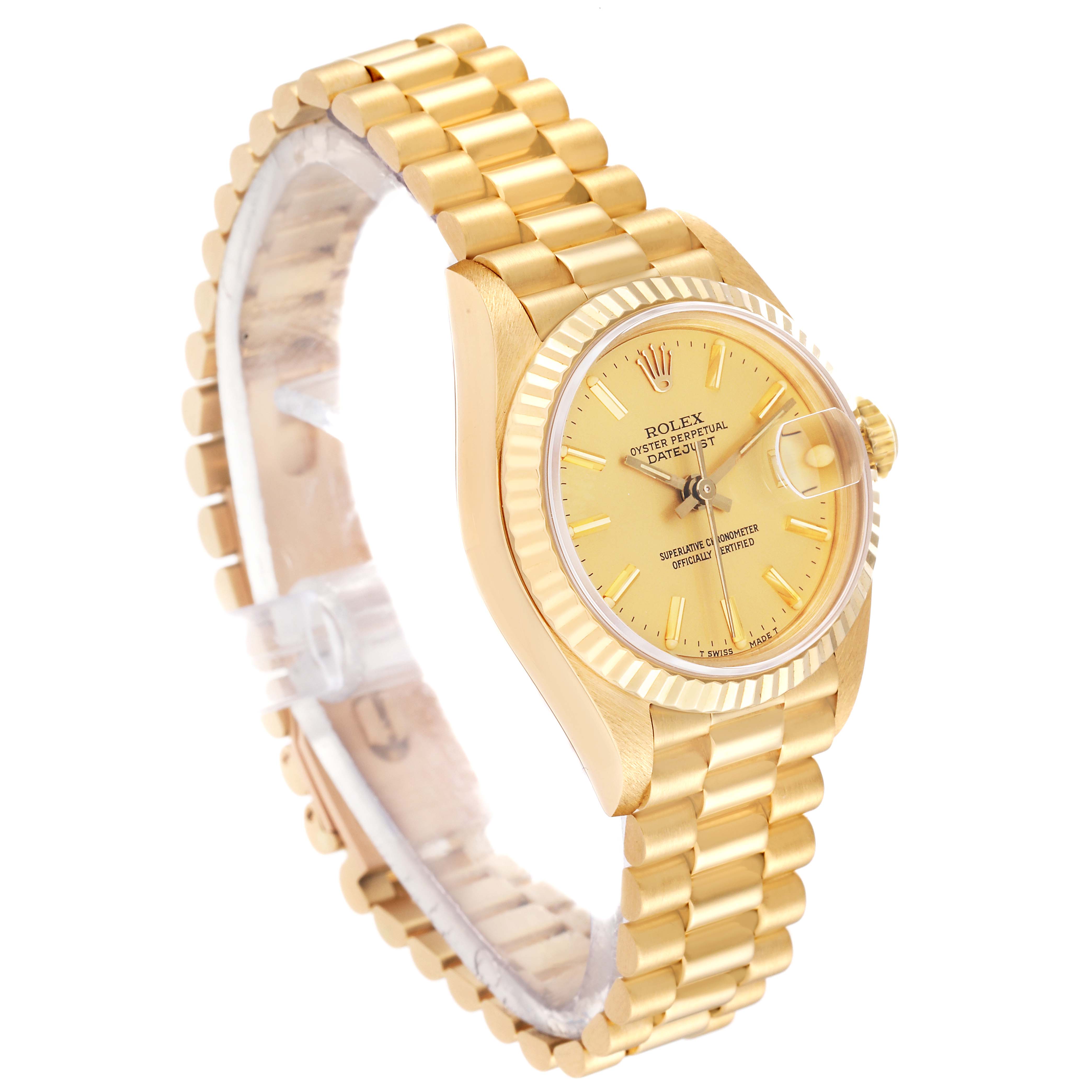 The image shows a side-angle view of a Rolex President 69178 Women
s Yellow Gold Champagne Dial 69178 Women
s Yellow Gold Champagne Dial model watch, highlighting the gold case, fluted bezel, and bracelet.