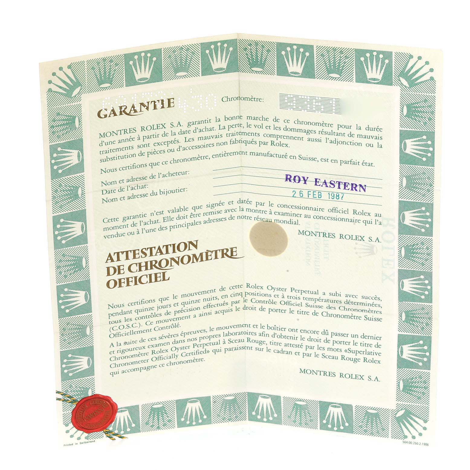 This image shows an official certification and warranty paper for the Rolex President 69178 Women
s Yellow Gold Champagne Dial 69178 Women
s Yellow Gold Champagne Dial model watch.