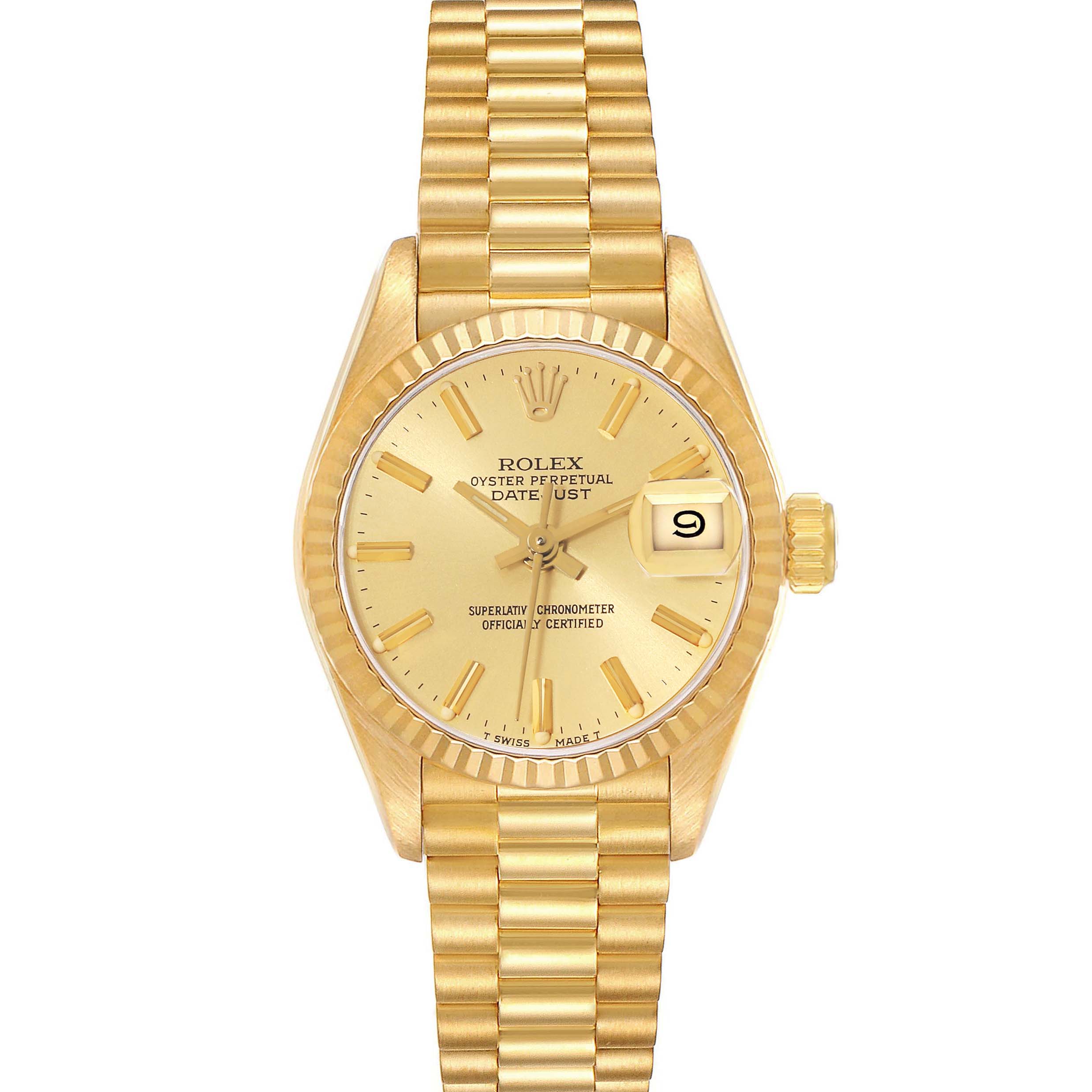 The image shows a full frontal view of the Rolex President 69178 Women
s Yellow Gold Champagne Dial 69178 Women
s Yellow Gold Champagne Dial model watch, highlighting its gold bracelet, dial, and date window.