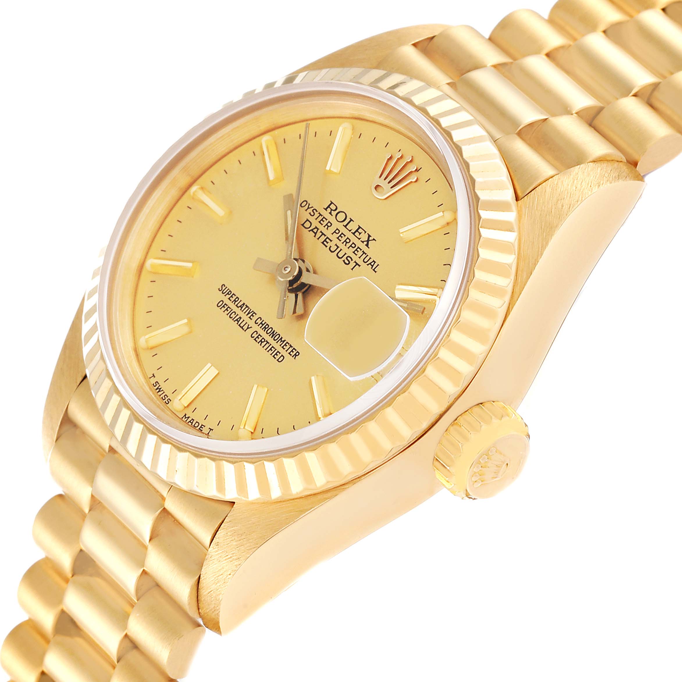 The image shows a side-angled view of a Rolex President 69178 Women
s Yellow Gold Champagne Dial 69178 Women
s Yellow Gold Champagne Dial model watch highlighting the dial, bezel, and part of the bracelet.