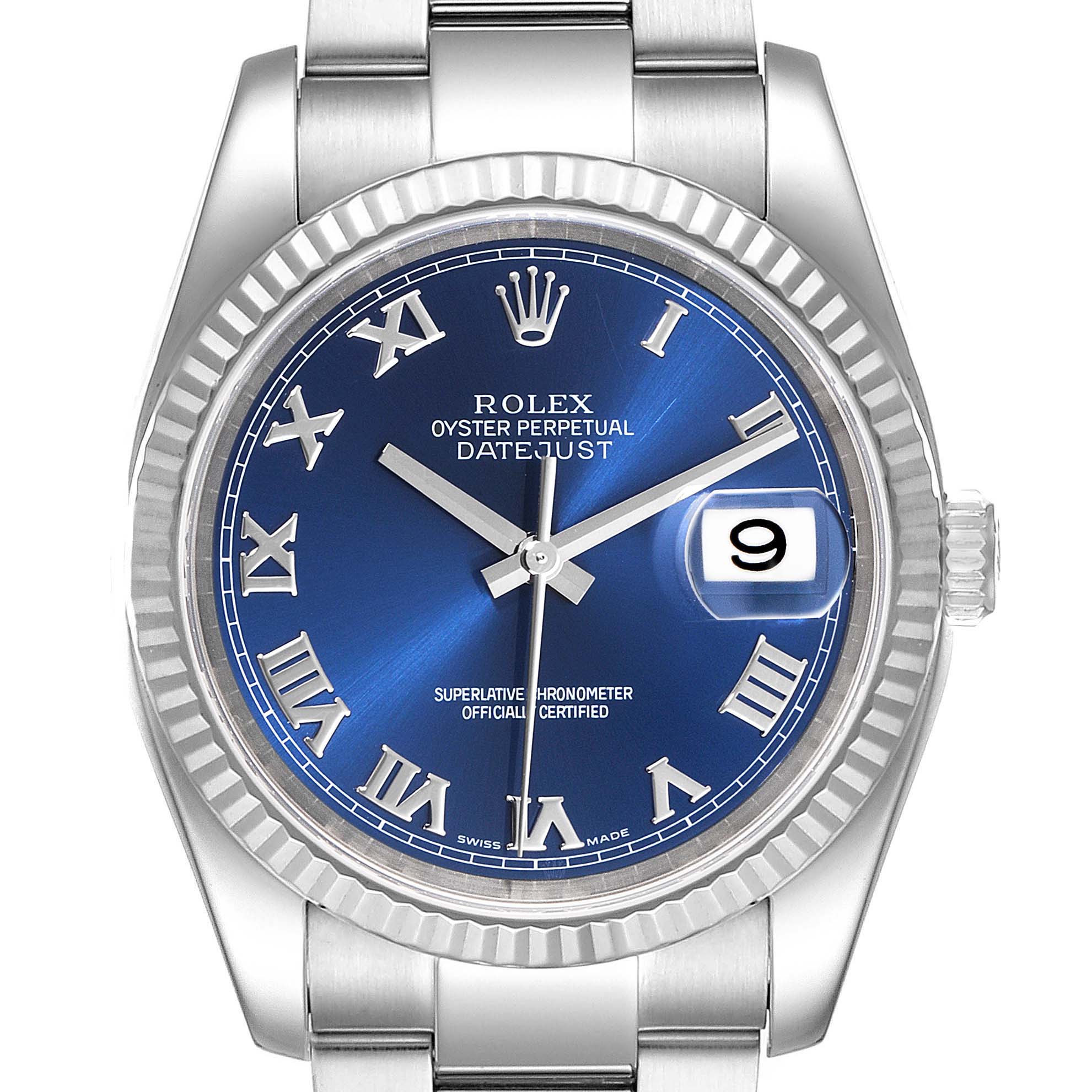 This image shows a front angle view of a Rolex Datejust 116234 Men's Stainless Steel Blue Dial 116234 Men's Stainless Steel Blue Dial watch with a blue dial and Roman numeral hour markers.