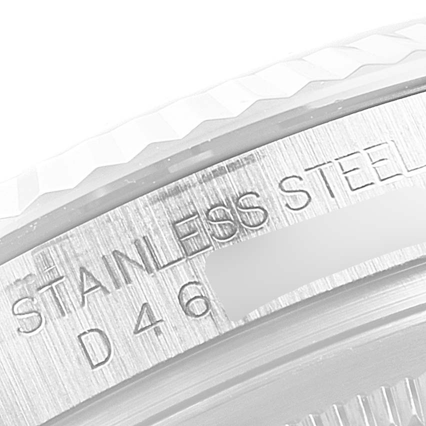 This close-up image shows the engraving on the case back of a Rolex Datejust 116234 Men's Stainless Steel Blue Dial 116234 Men's Stainless Steel Blue Dial watch, indicating "Stainless Steel."