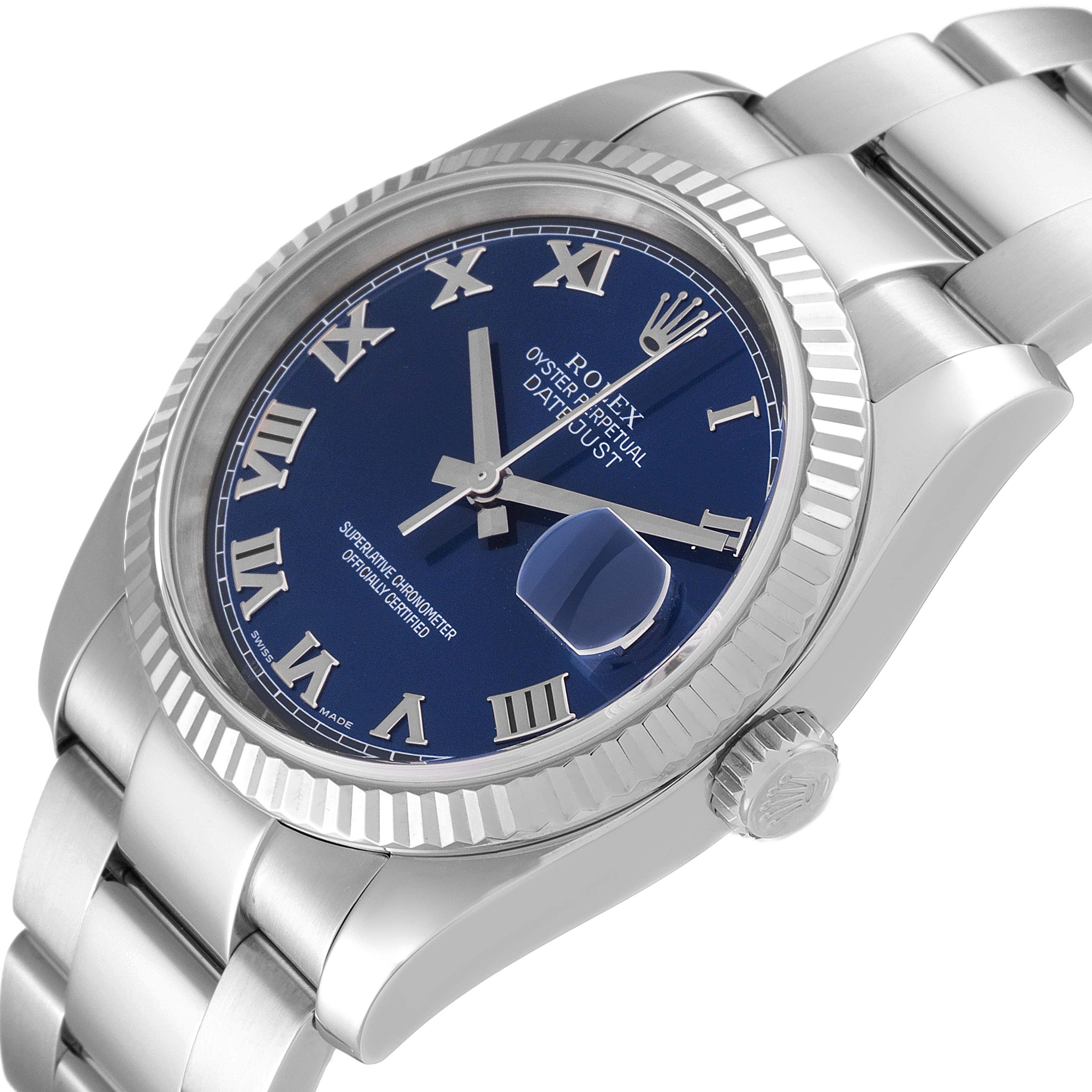 The Rolex Datejust 116234 Men's Stainless Steel Blue Dial 116234 Men's Stainless Steel Blue Dial watch is shown at an oblique angle, highlighting its blue dial, fluted bezel, crown, and bracelet.
