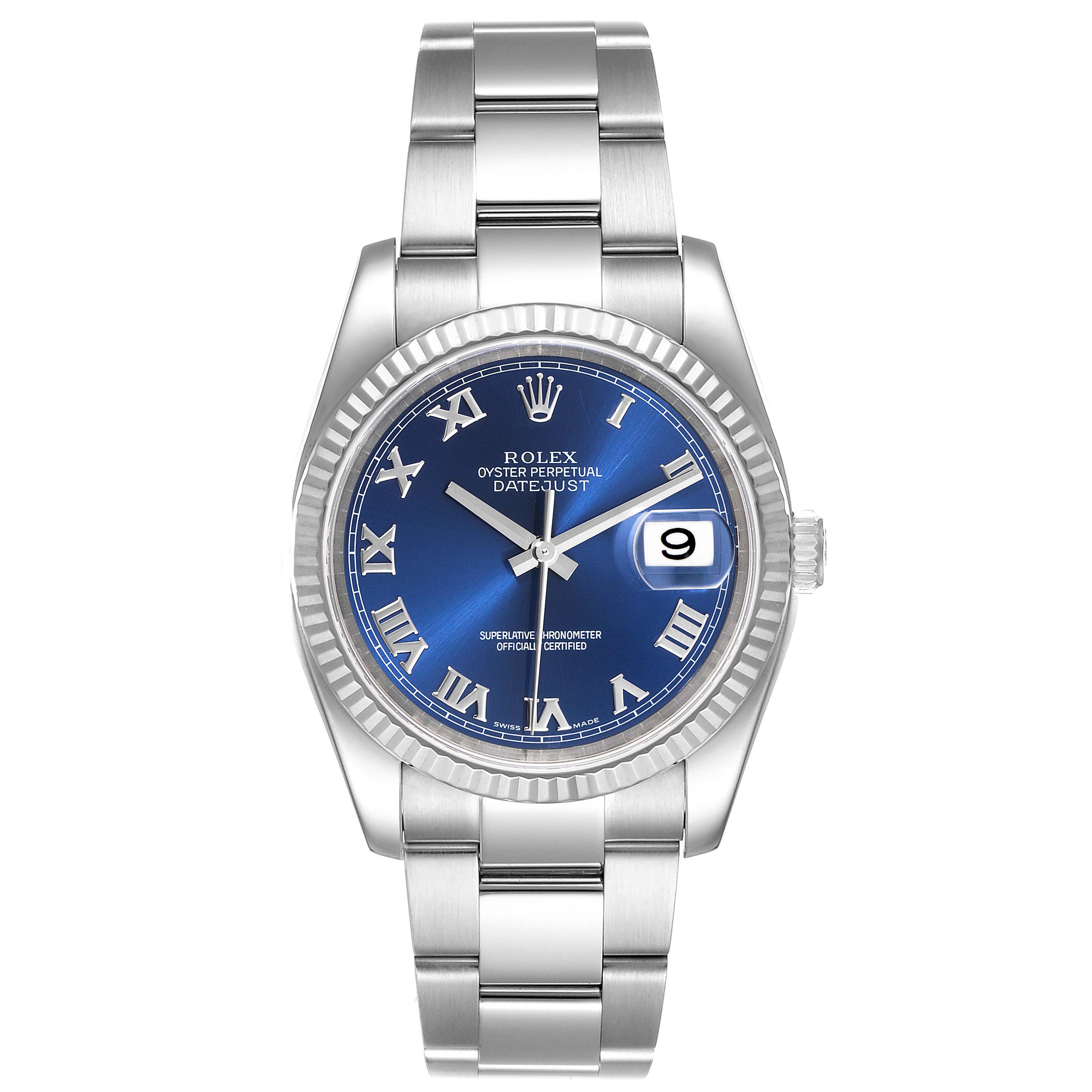 The image shows a front view of a Rolex Datejust 116234 Men's Stainless Steel Blue Dial 116234 Men's Stainless Steel Blue Dial watch, featuring a blue dial, Roman numerals, and a stainless steel bracelet.