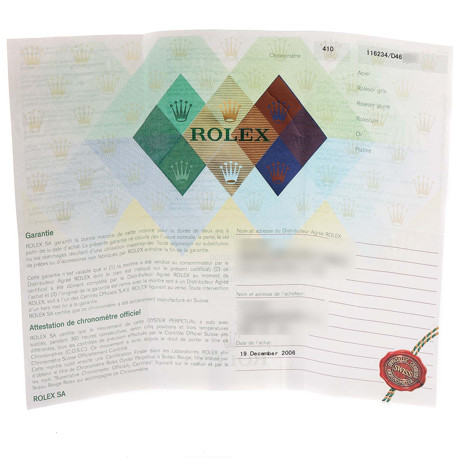 This image shows the warranty and chronometer certification paper for the Rolex Datejust 116234 Men's Stainless Steel Blue Dial 116234 Men's Stainless Steel Blue Dial model, dated December 19, 2006.