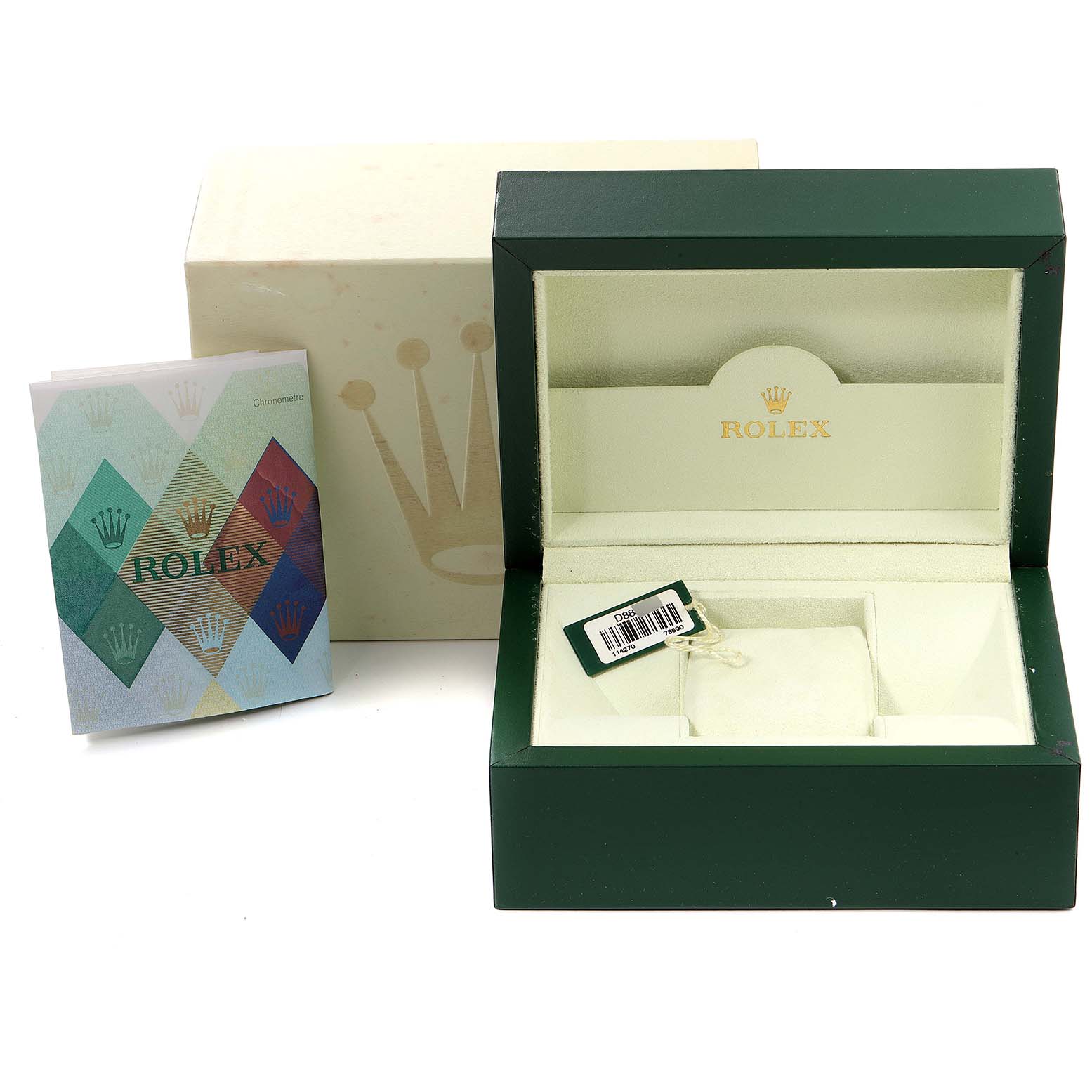 The image shows the packaging box, instruction manual, and tag for the Rolex Datejust 116234 Men's Stainless Steel Blue Dial 116234 Men's Stainless Steel Blue Dial model watch.