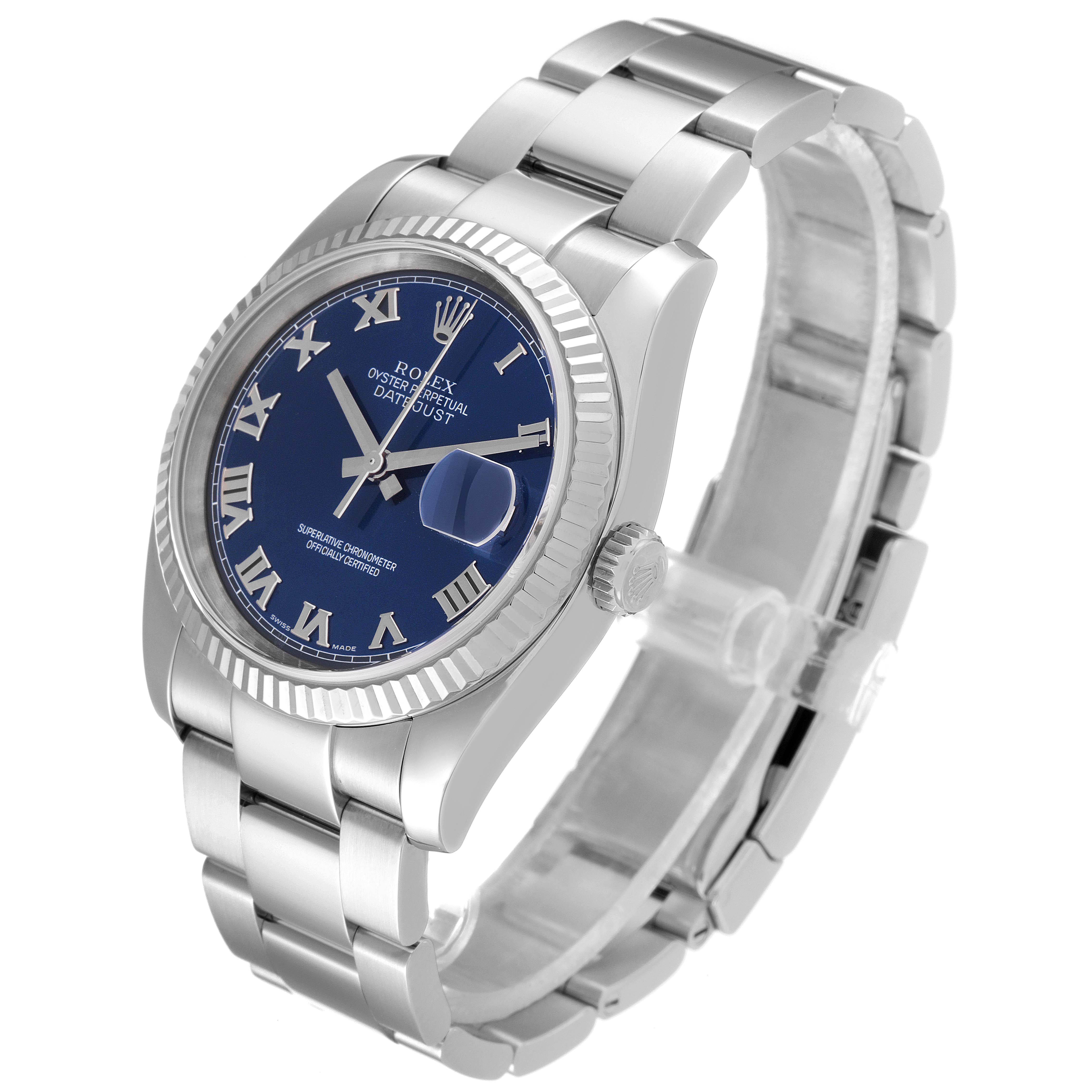The image shows a Rolex Datejust 116234 Men's Stainless Steel Blue Dial 116234 Men's Stainless Steel Blue Dial watch from an angled perspective, highlighting the face, bezel, crown, and bracelet.