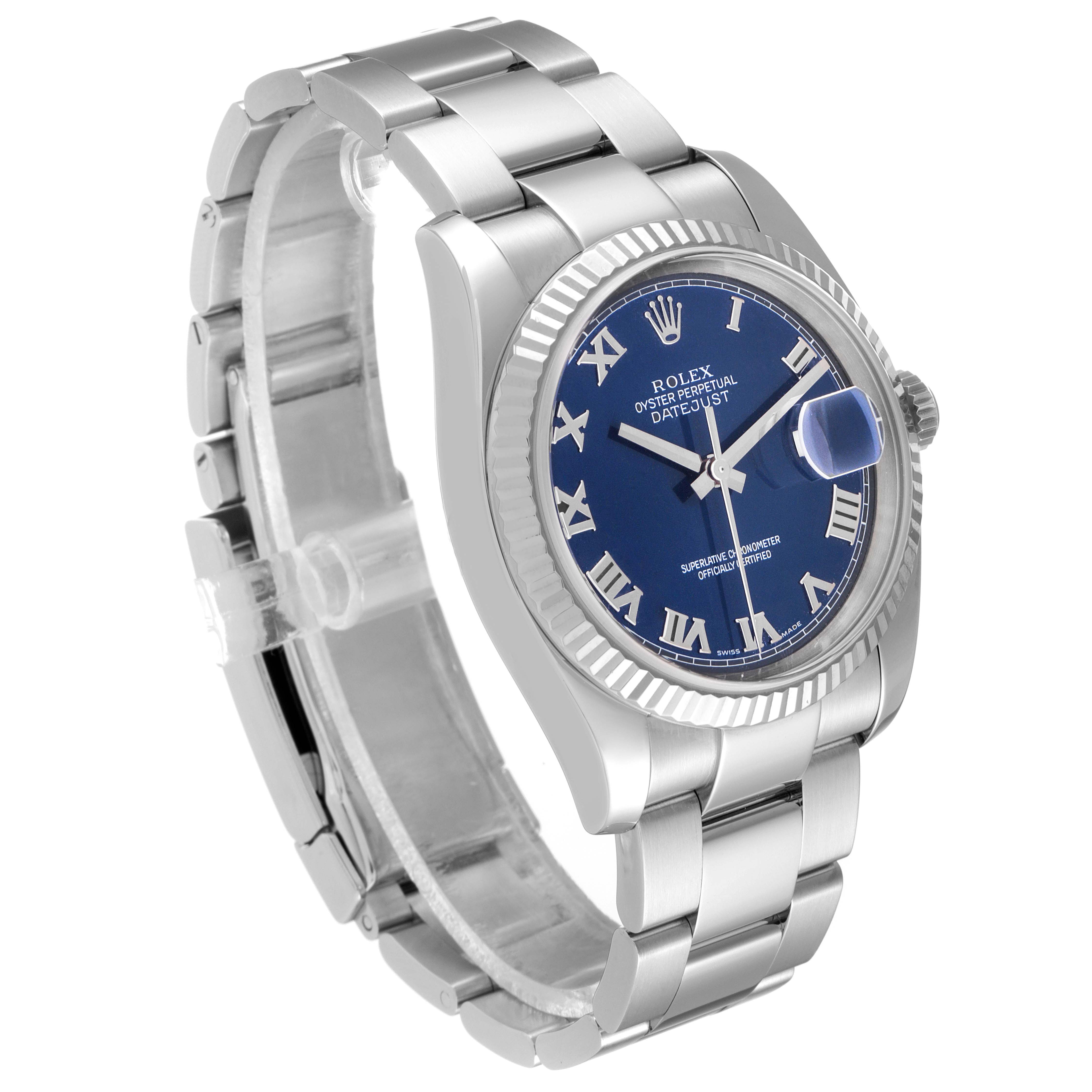 The Rolex Datejust 116234 Men's Stainless Steel Blue Dial 116234 Men's Stainless Steel Blue Dial watch is shown from a three-quarter angle, displaying the face, bezel, and part of the bracelet.