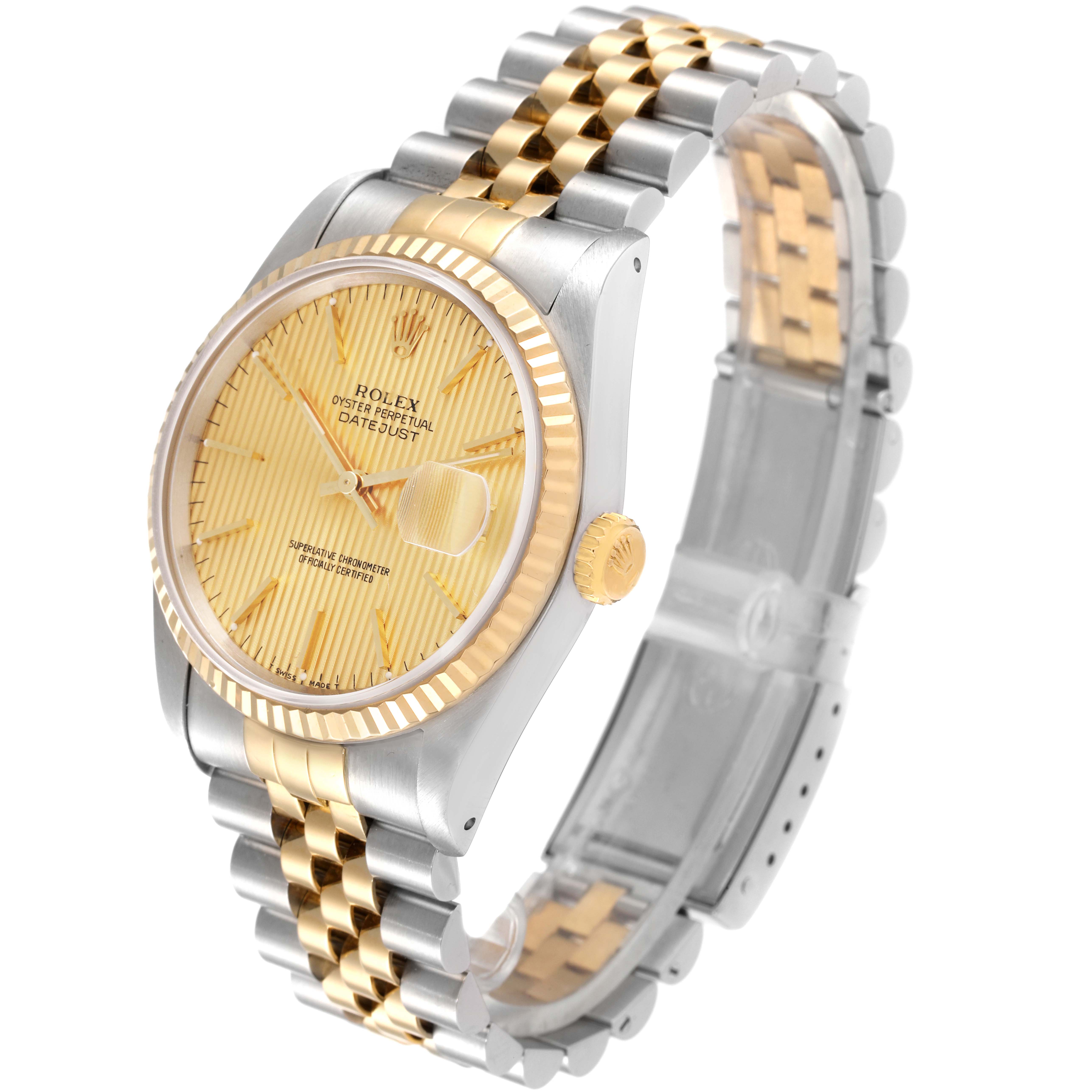 This image shows a side-angle view of a Rolex Datejust 16233 Men's Steel and Gold (two tone) Champagne Dial 16233 Men's Steel and Gold (two tone) Champagne Dial watch, highlighting the dial, case, crown, and two-tone jubilee bracelet.