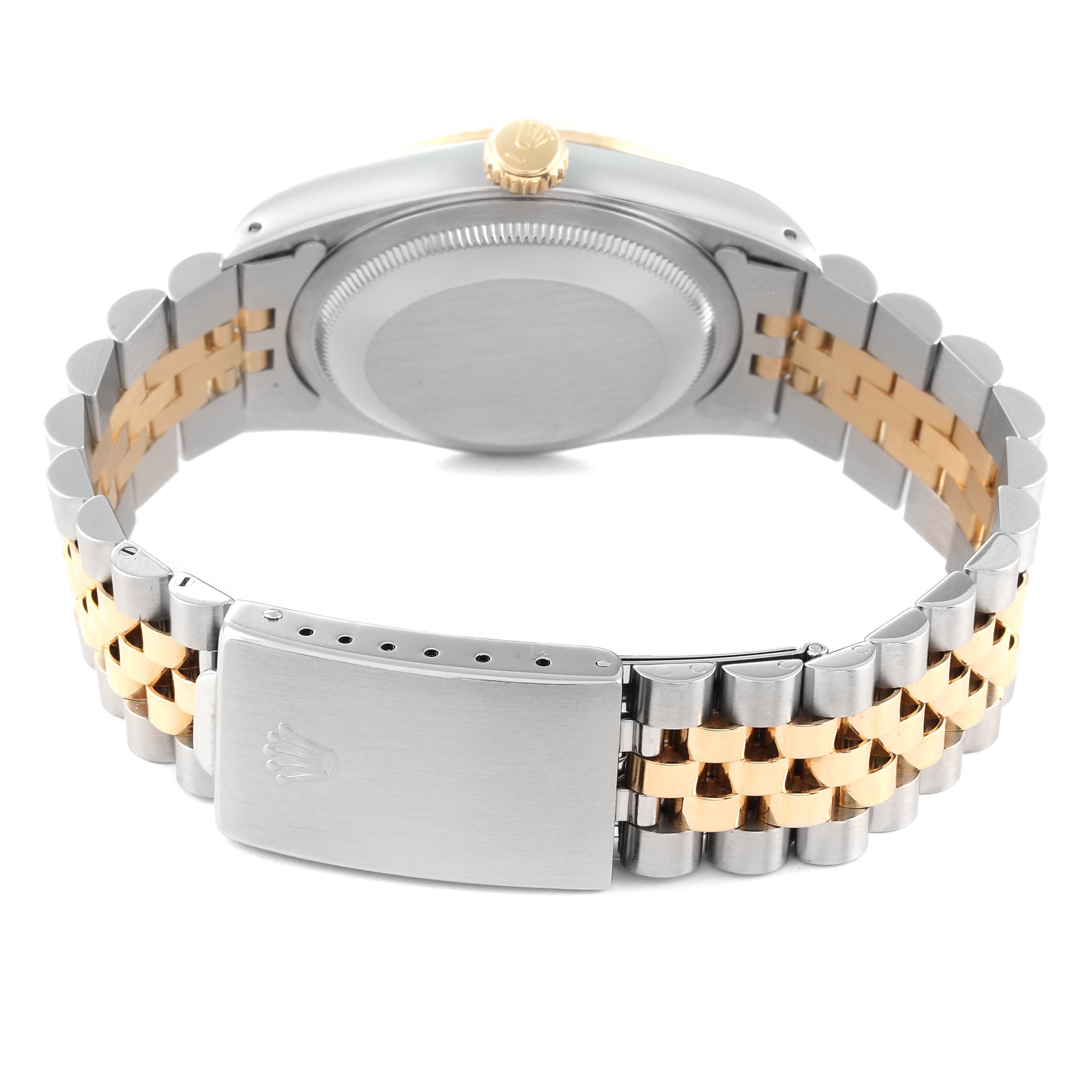 The image shows the back view of a Rolex Datejust 16233 Men's Steel and Gold (two tone) Champagne Dial 16233 Men's Steel and Gold (two tone) Champagne Dial watch, highlighting its case, crown, and two-tone Jubilee bracelet.