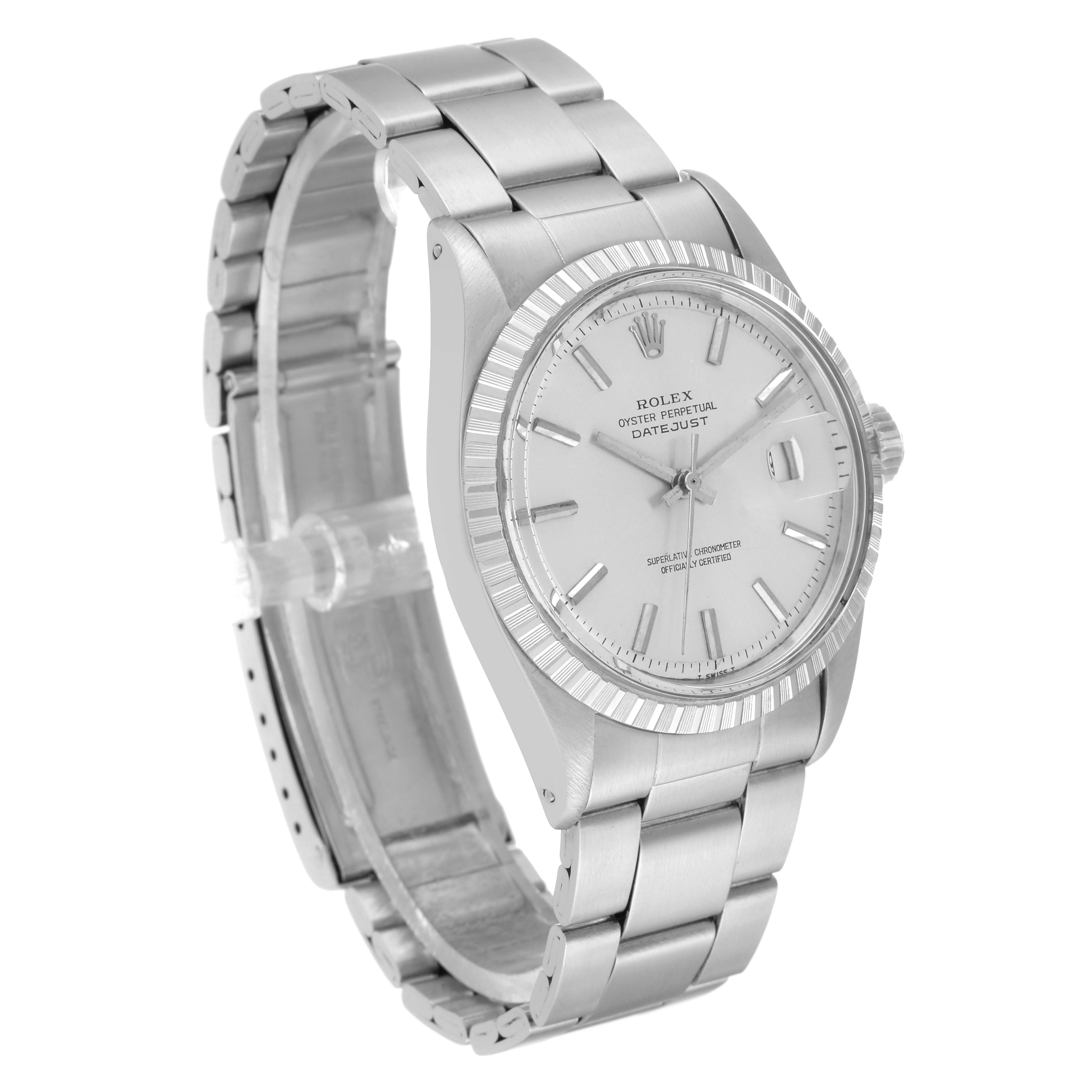 This Rolex Vintage Collection 1601 Men's Stainless Steel Silver Dial 1601 Men's Stainless Steel Silver Dial model watch is shown at a three-quarter angle, highlighting the face, bezel, crown, and band.