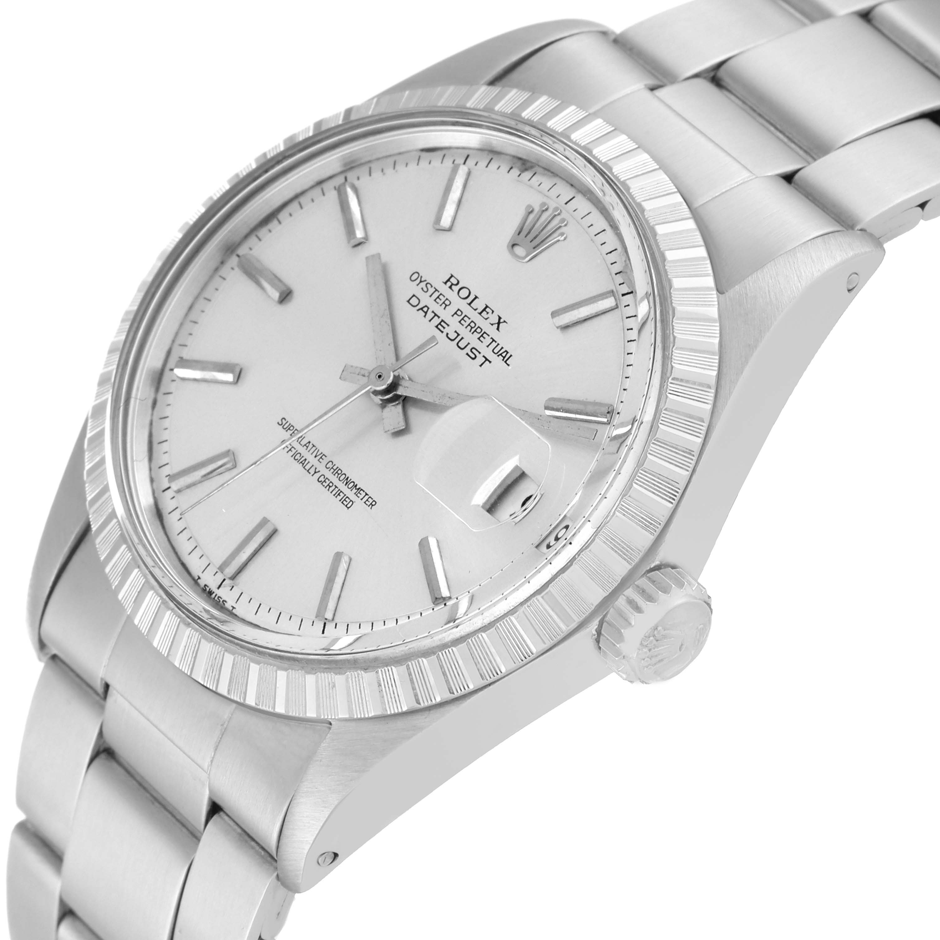 The image shows a close-up view of the face and bracelet of a Rolex Vintage Collection 1601 Men's Stainless Steel Silver Dial 1601 Men's Stainless Steel Silver Dial Datejust watch from a high-angle perspective.