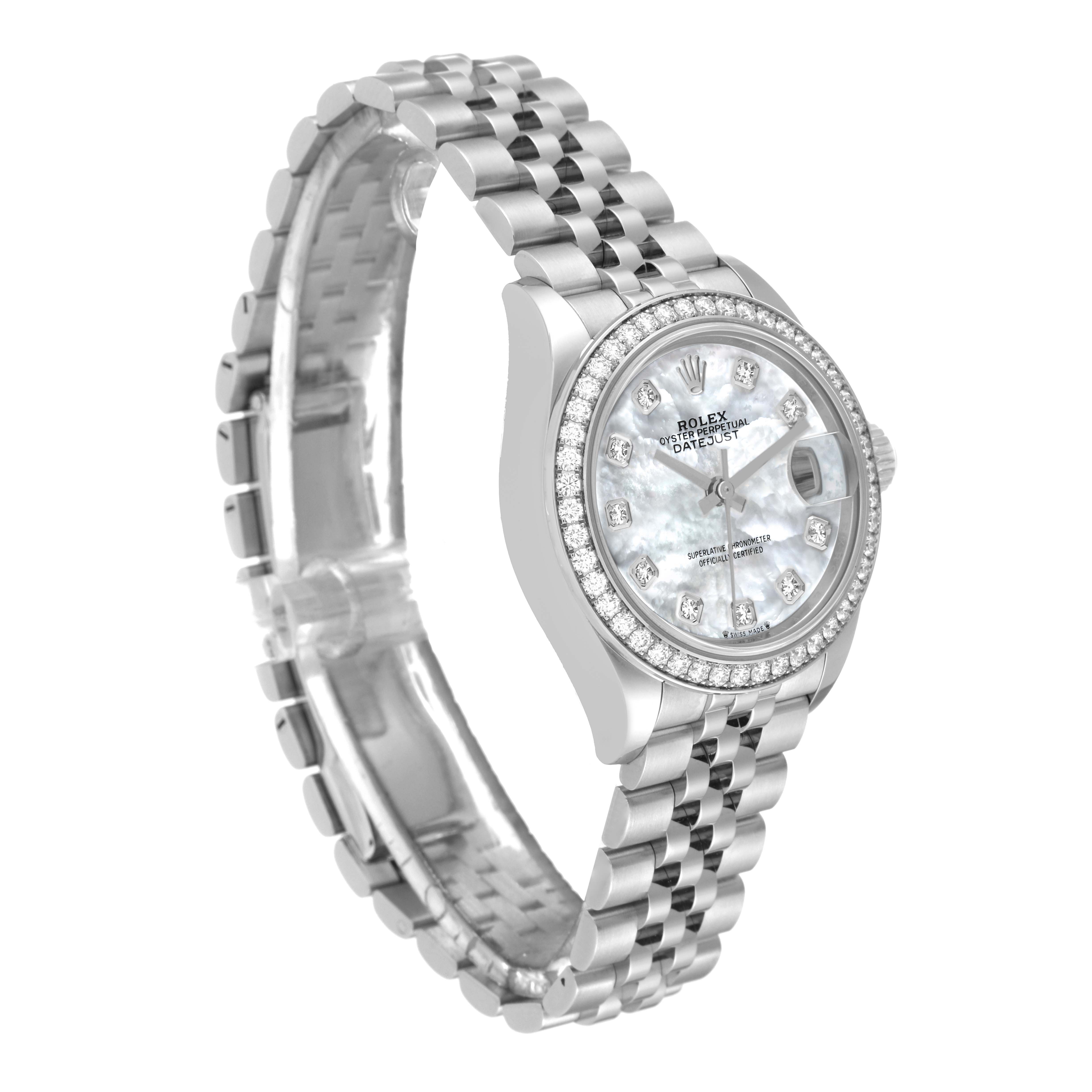 The Rolex Datejust 279384 Women's Stainless Steel Mother of Pearl Dial 279384 Women's Stainless Steel Mother of Pearl Dial watch is shown at a three-quarter angle, highlighting its bracelet, bezel, and dial.