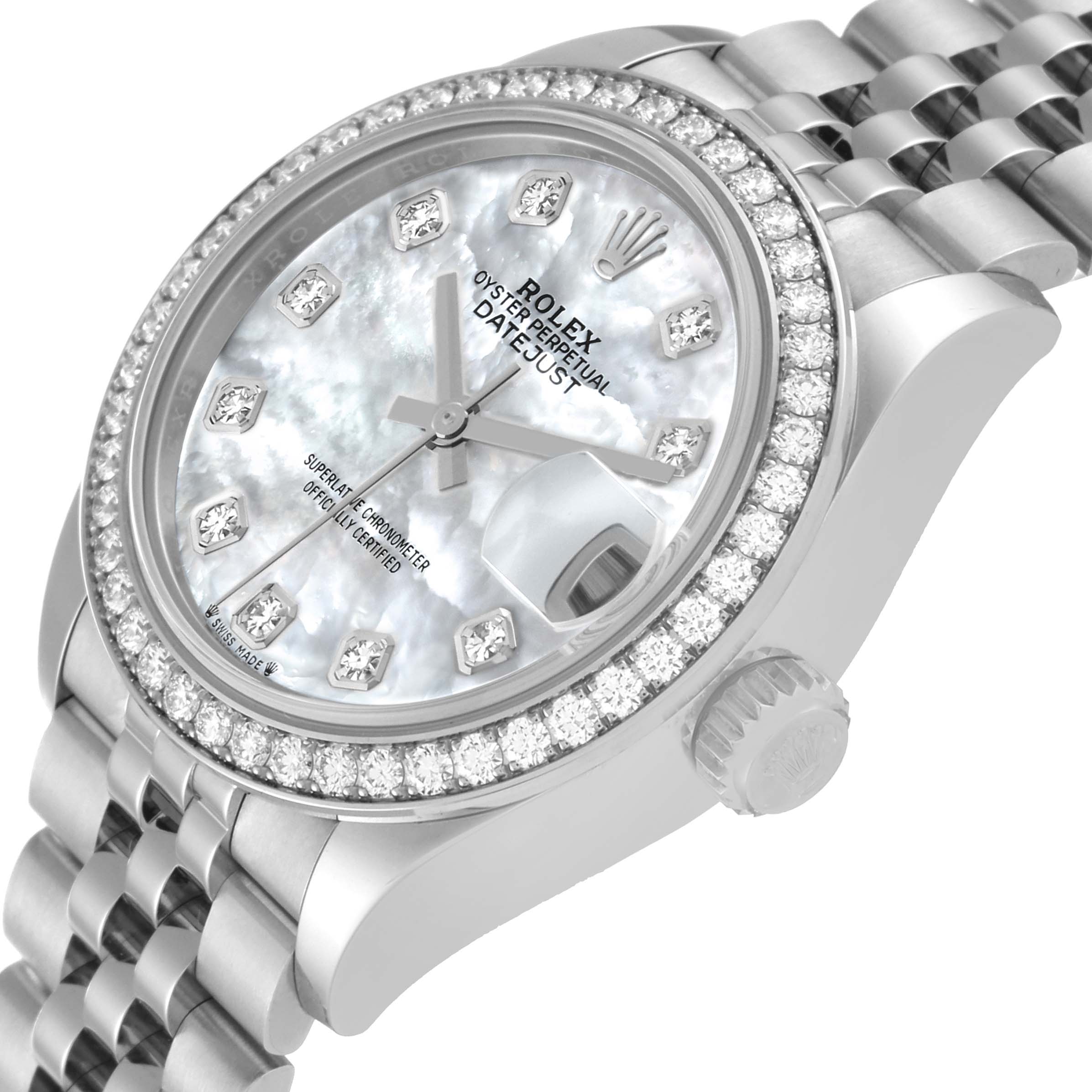 This image shows the Rolex Datejust 279384 Women's Stainless Steel Mother of Pearl Dial 279384 Women's Stainless Steel Mother of Pearl Dial watch face and part of the bracelet at a slight angle highlighting the diamond bezel and dial.