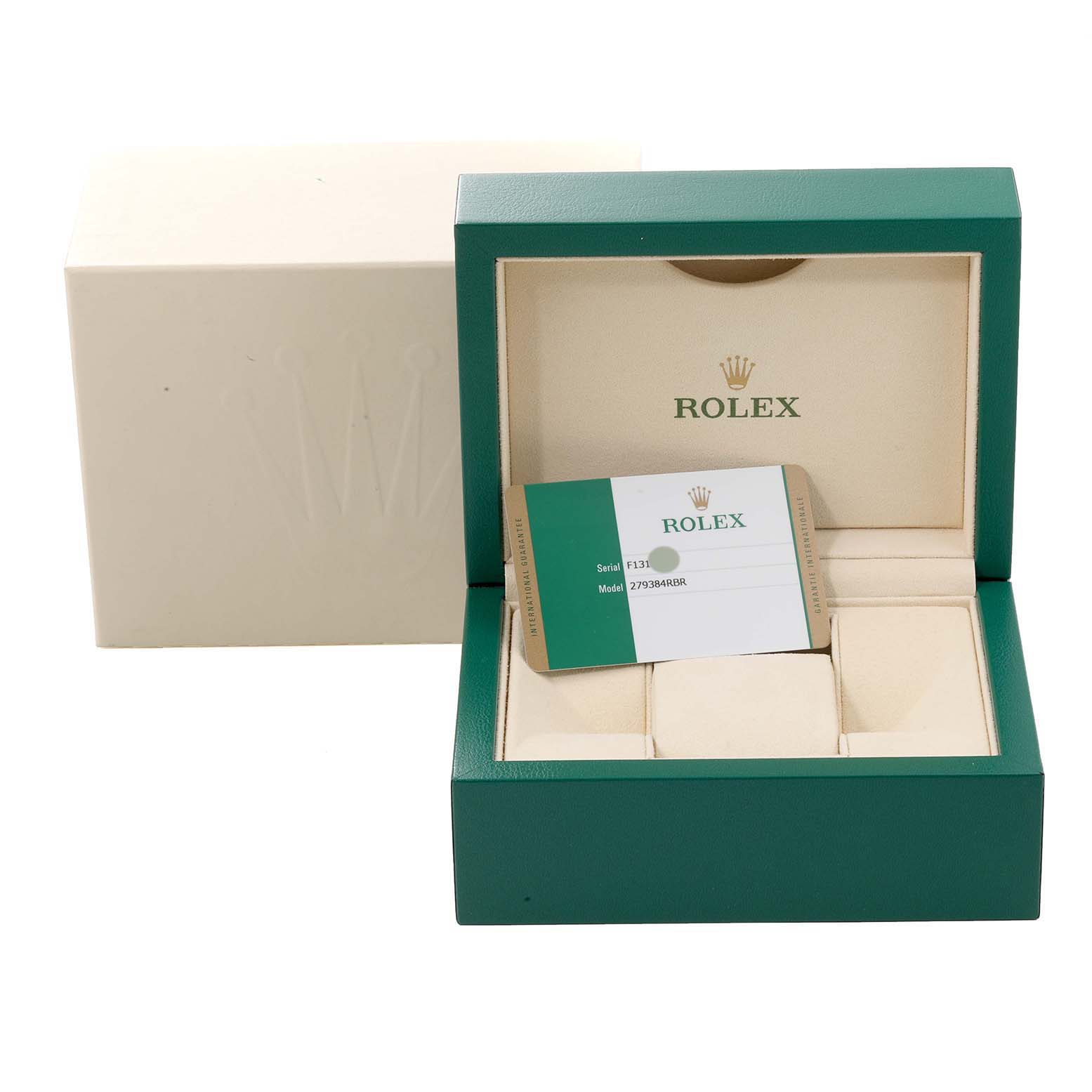 The image shows a Rolex Datejust 279384 Women's Stainless Steel Mother of Pearl Dial 279384 Women's Stainless Steel Mother of Pearl Dial watch box and the identification card at a slight angle.