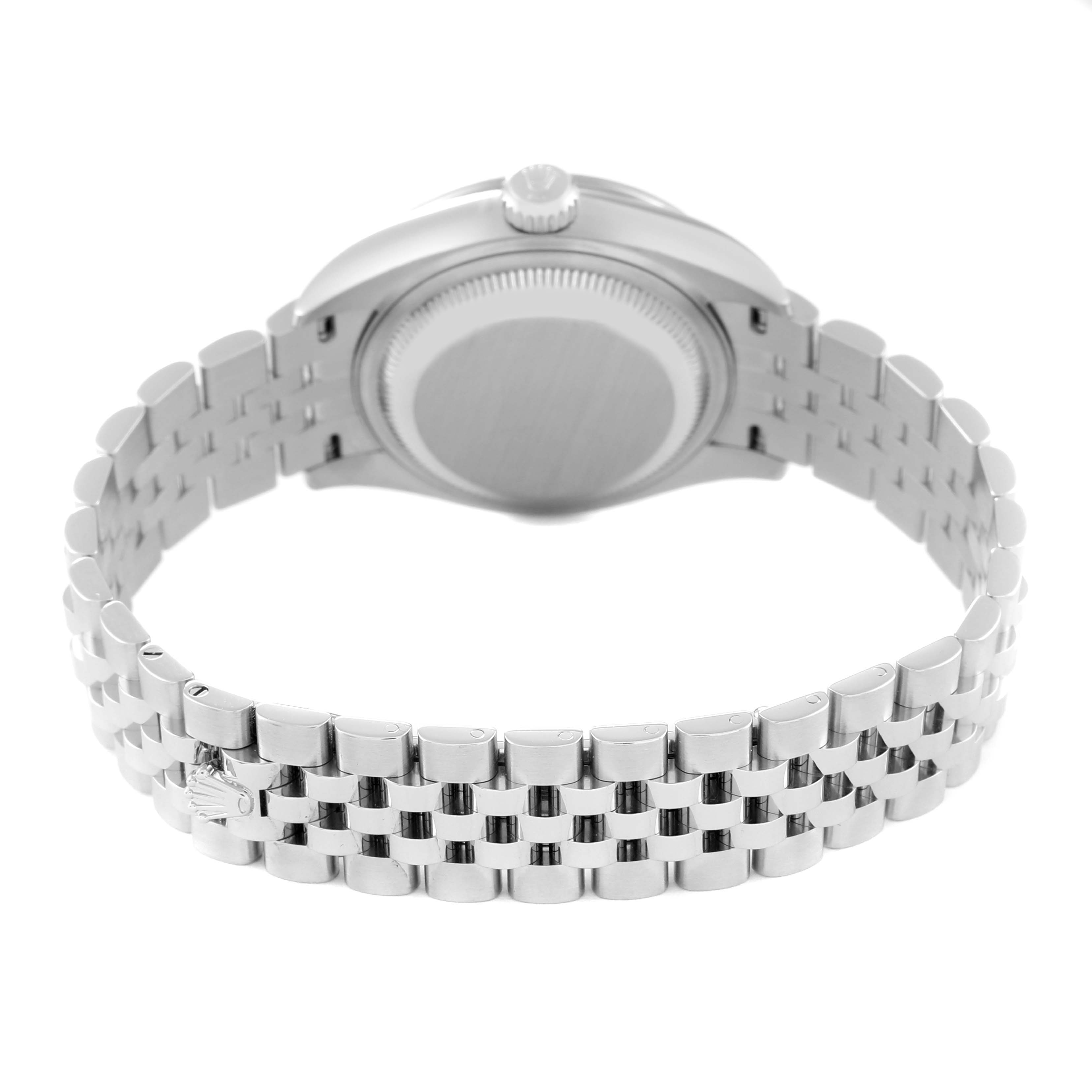 This image shows the back view of a Rolex Datejust 279384 Women's Stainless Steel Mother of Pearl Dial 279384 Women's Stainless Steel Mother of Pearl Dial watch, highlighting its bracelet and case back.