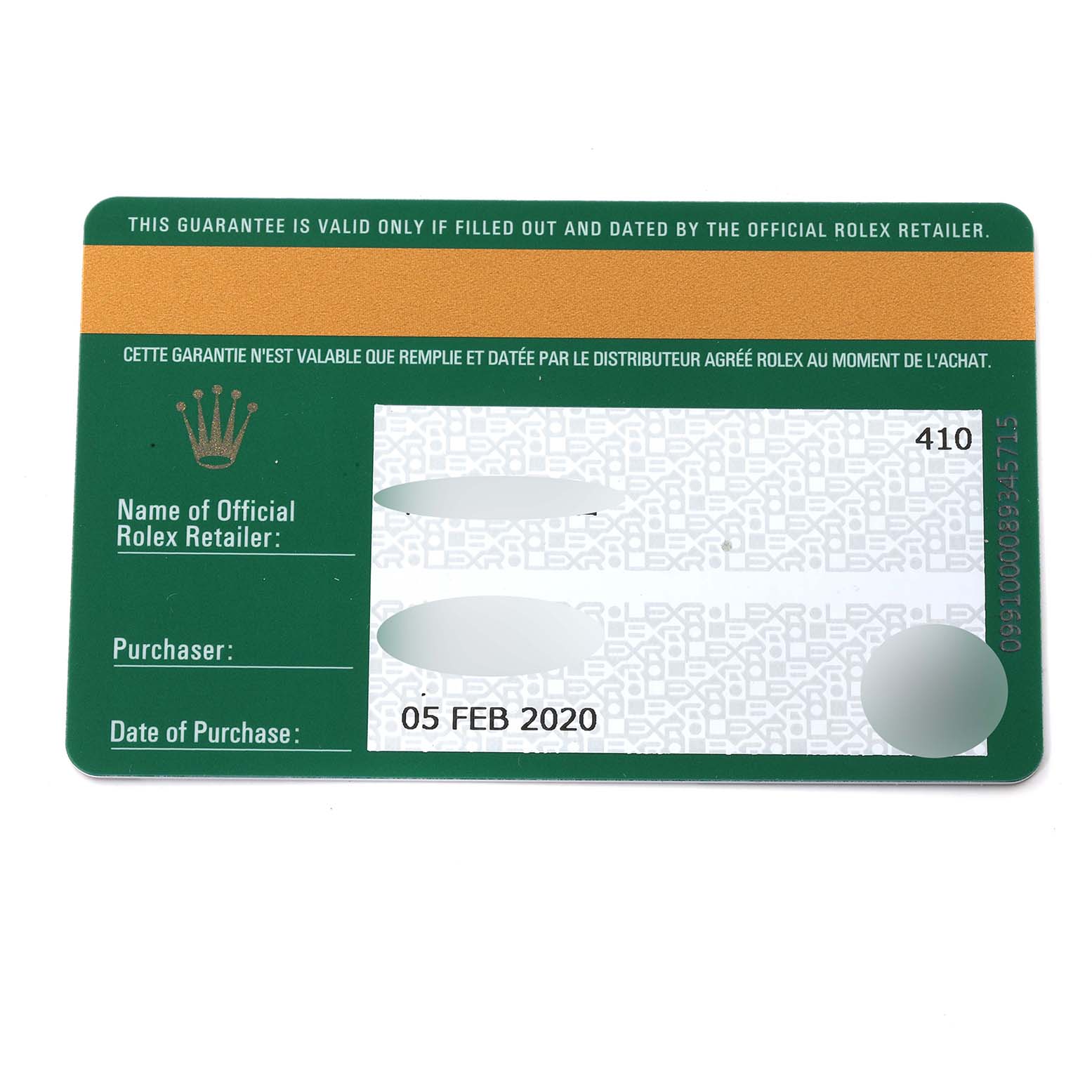 This image shows a warranty card for the Rolex Datejust 279384 Women's Stainless Steel Mother of Pearl Dial 279384 Women's Stainless Steel Mother of Pearl Dial model, featuring the purchase date and retailer information fields.