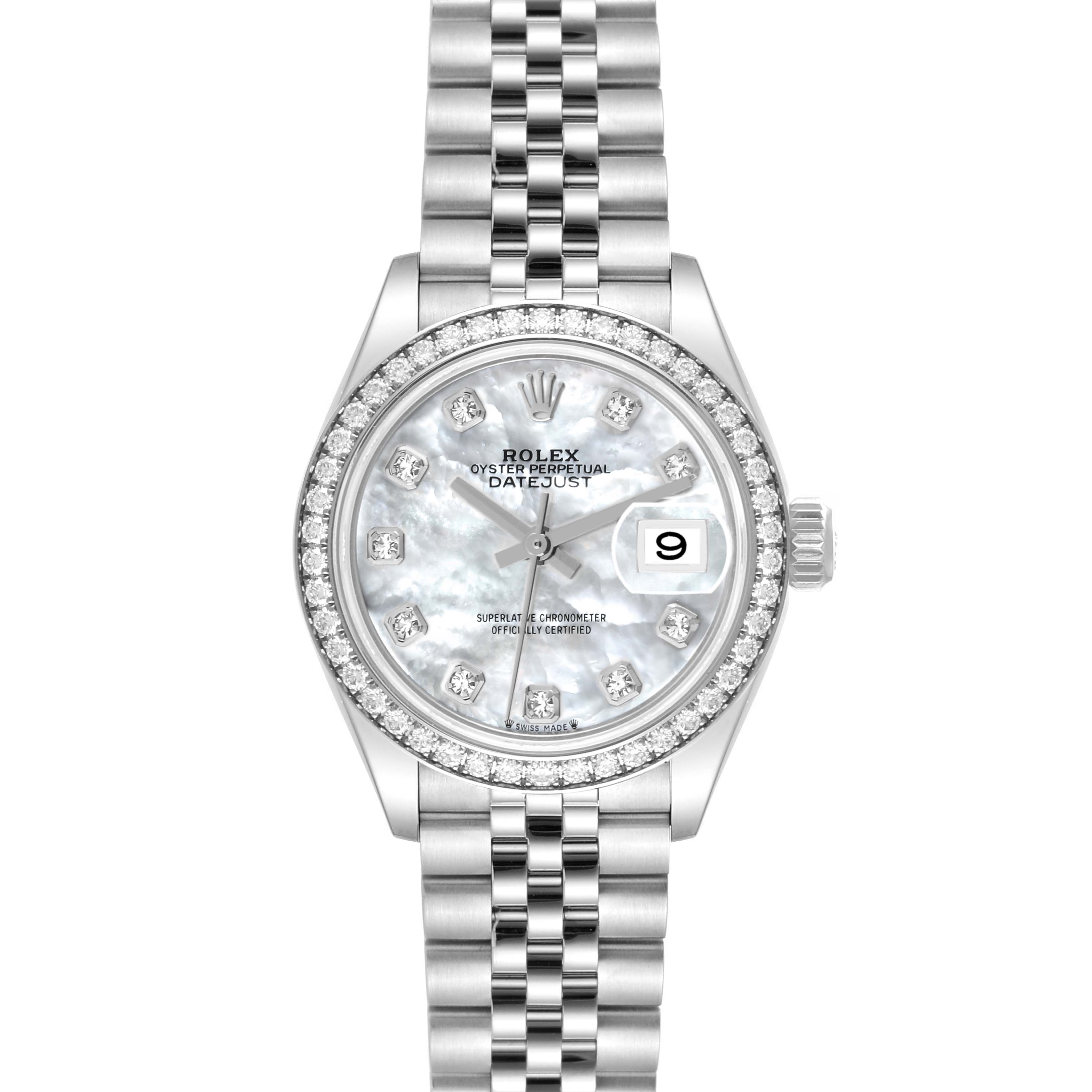 The Rolex Datejust 279384 Women's Stainless Steel Mother of Pearl Dial 279384 Women's Stainless Steel Mother of Pearl Dial watch is shown from a top-down angle, displaying the face, bezel, and bracelet.