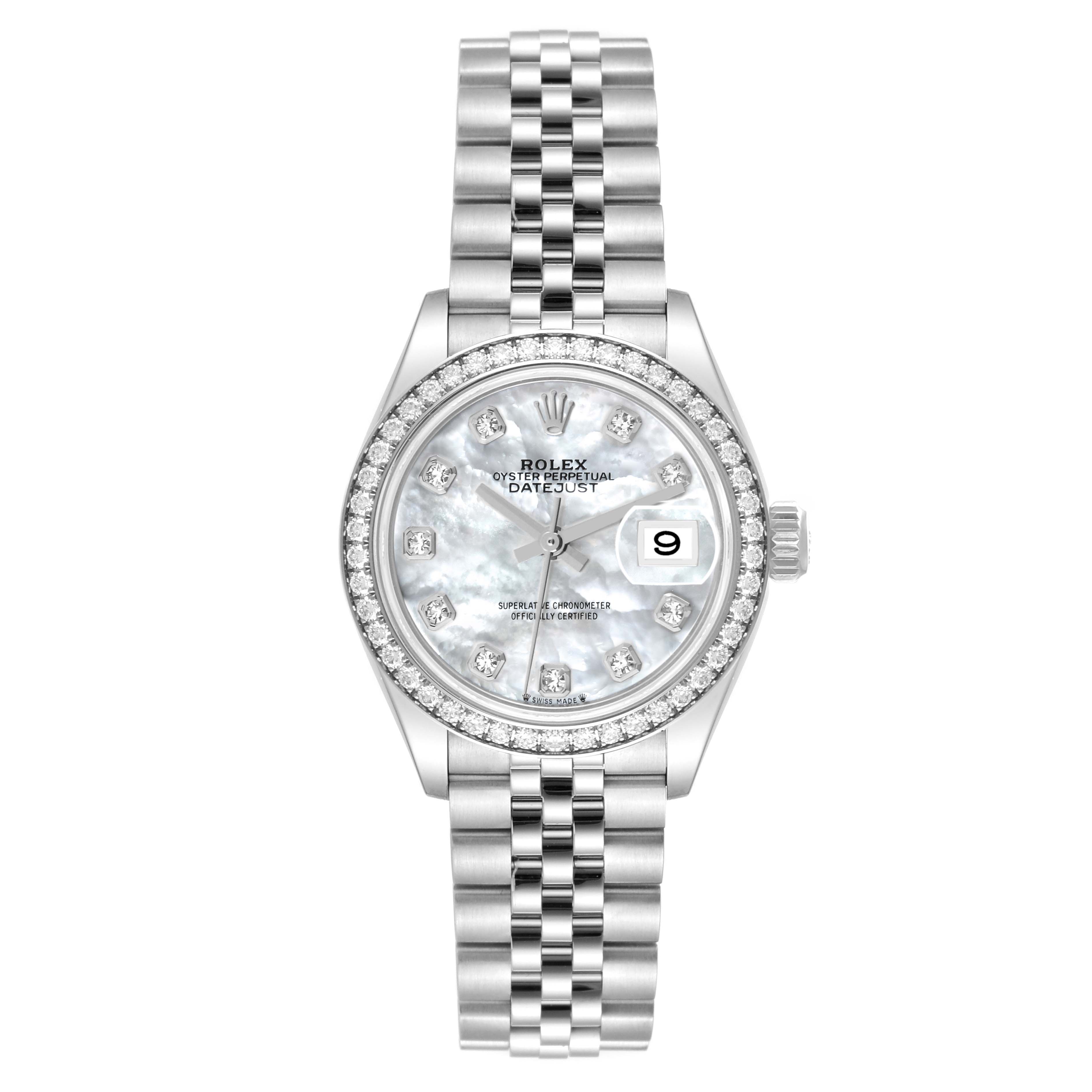 This is a front view of a Rolex Datejust 279384 Women's Stainless Steel Mother of Pearl Dial 279384 Women's Stainless Steel Mother of Pearl Dial watch displaying its face, bezel, crown, and part of the metal bracelet.