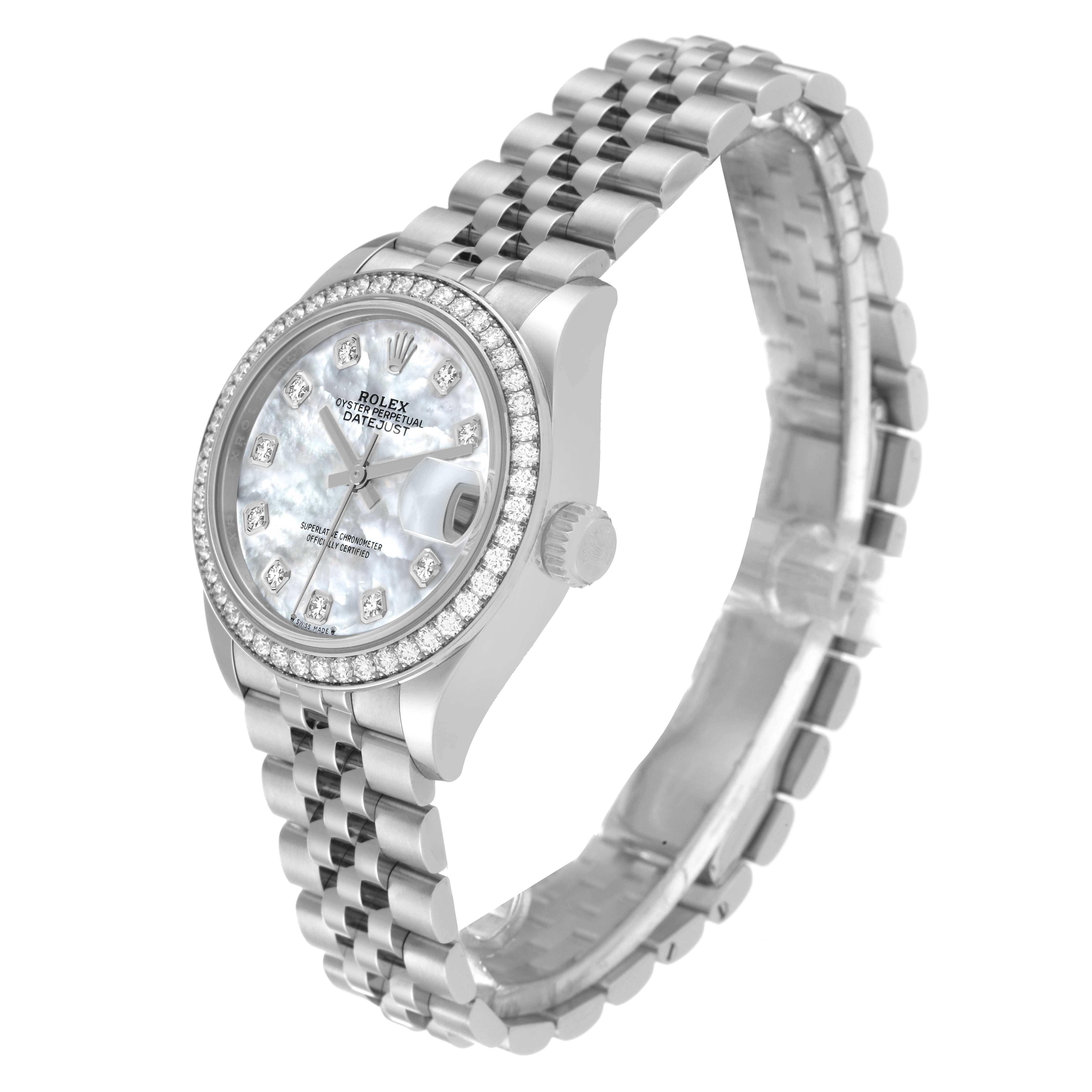 This image shows a Rolex Datejust 279384 Women's Stainless Steel Mother of Pearl Dial 279384 Women's Stainless Steel Mother of Pearl Dial watch at a three-quarter angle, highlighting its face, crown, bezel, and bracelet.